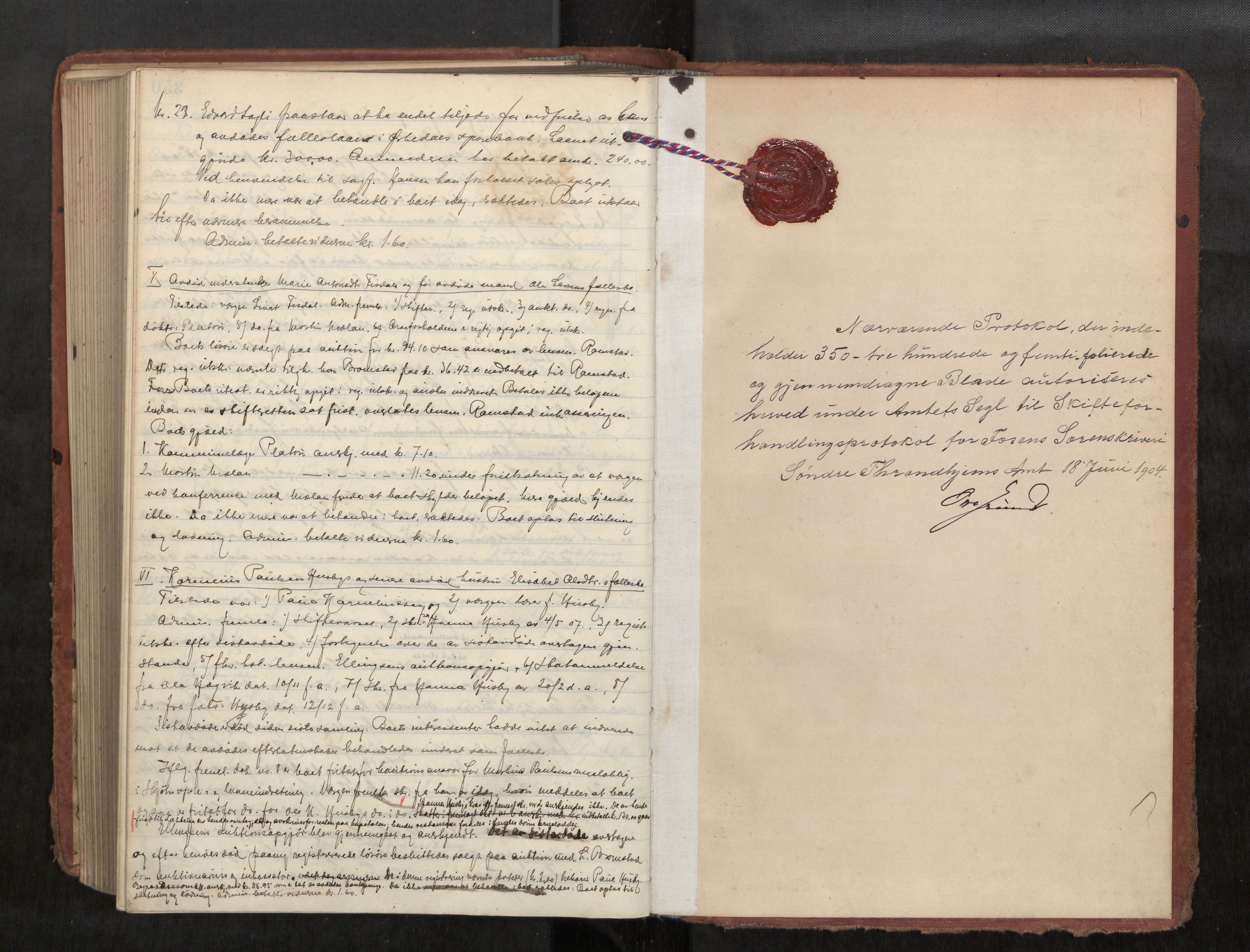 Fosen sorenskriveri, AV/SAT-A-1107/1/3/3B/L0008: Skiftebehandlingsprotokoll, 1904-1907