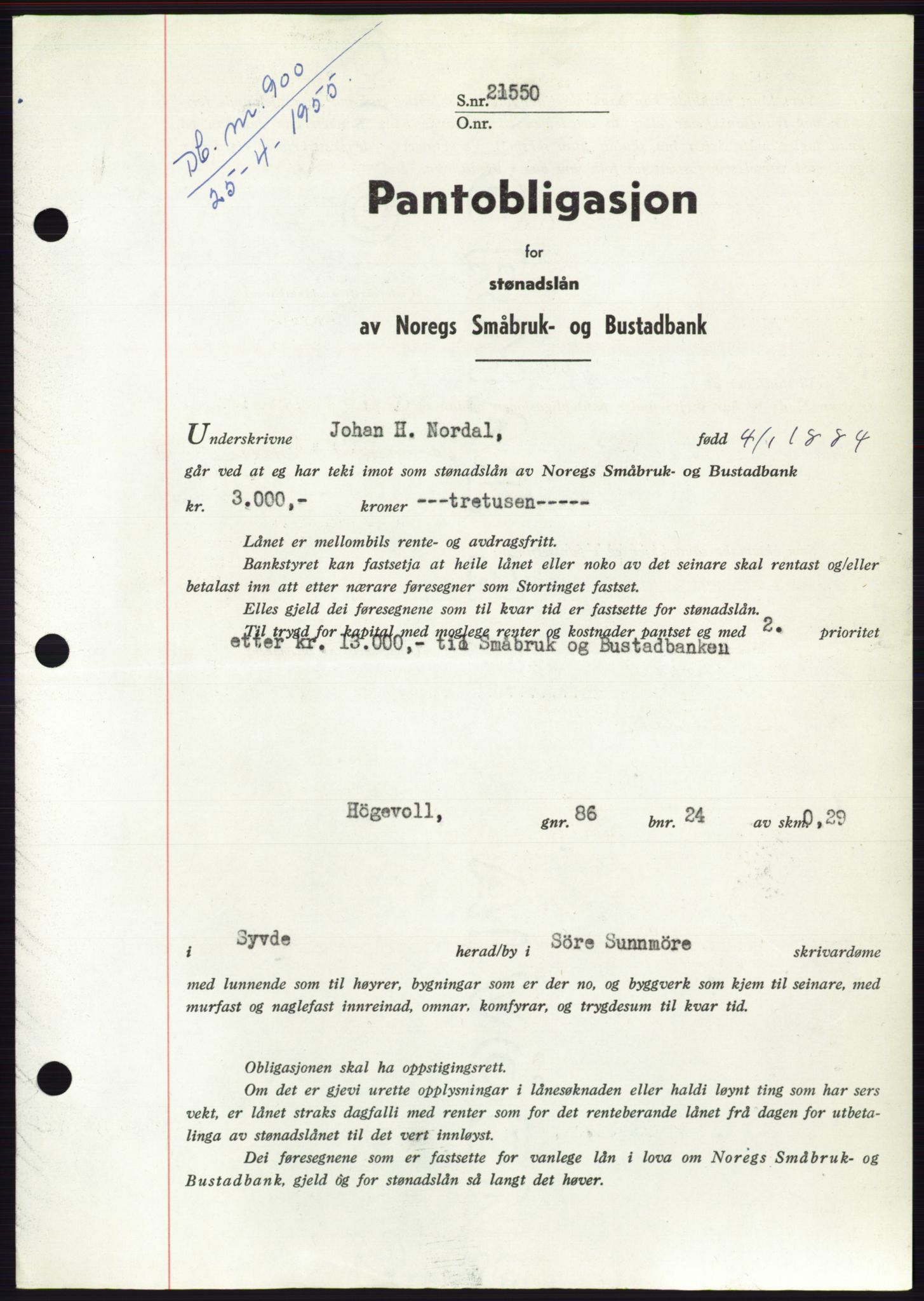 Søre Sunnmøre sorenskriveri, AV/SAT-A-4122/1/2/2C/L0126: Pantebok nr. 14B, 1954-1955, Dagboknr: 900/1955