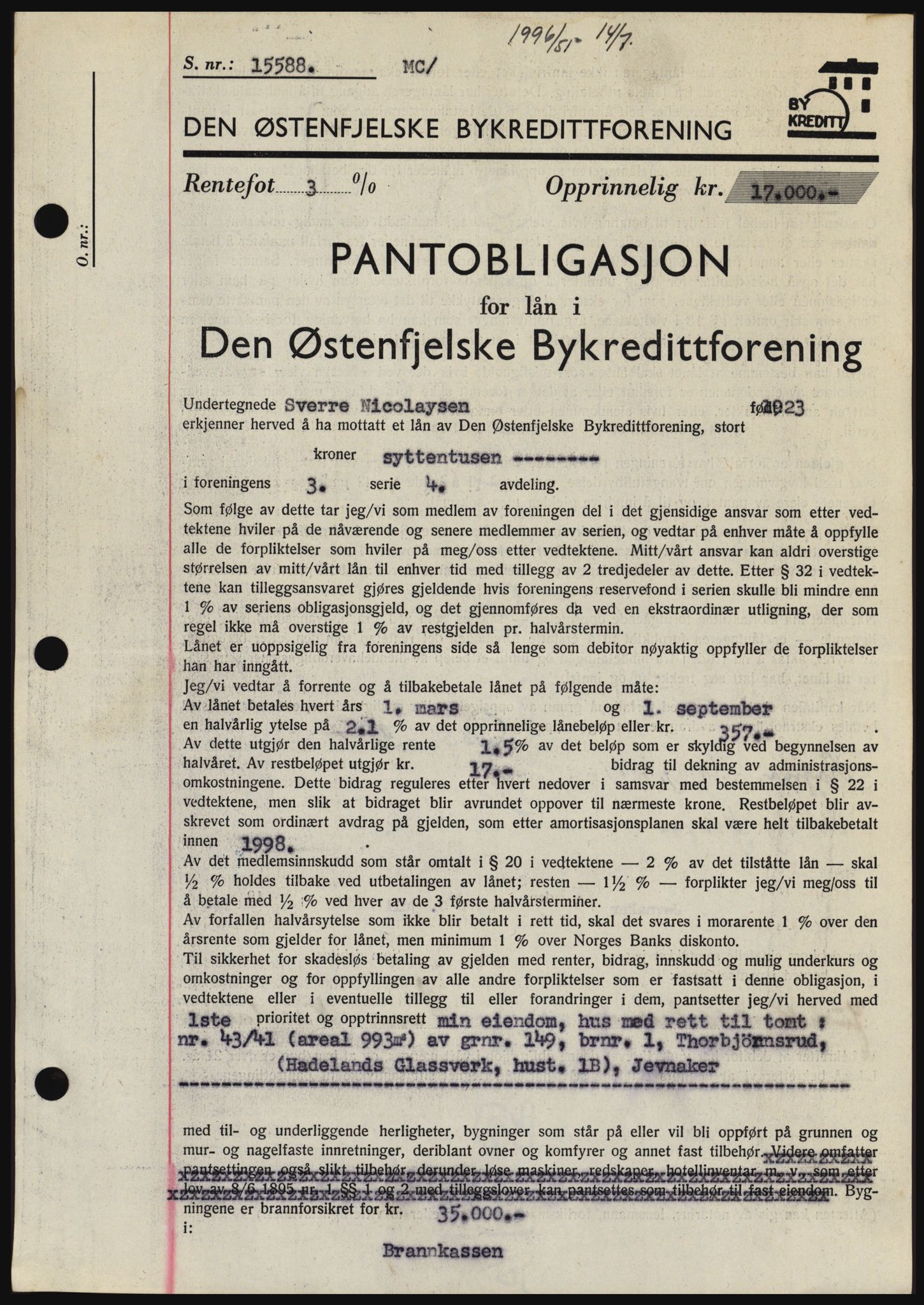 Hadeland og Land tingrett, SAH/TING-010/H/Hb/Hbc/L0021: Pantebok nr. B21, 1951-1951, Dagboknr: 1996/1951