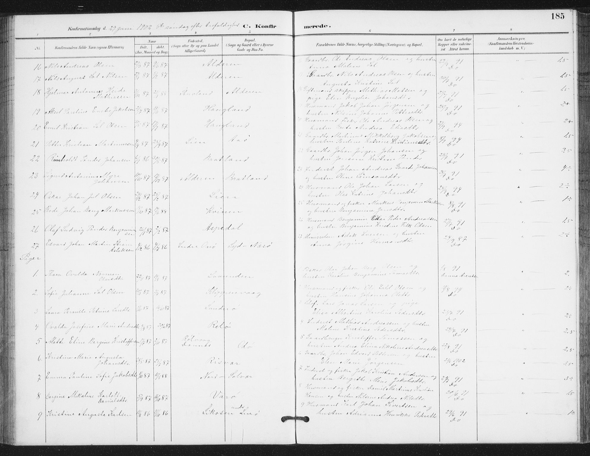 Ministerialprotokoller, klokkerbøker og fødselsregistre - Nordland, AV/SAT-A-1459/839/L0573: Klokkerbok nr. 839C03, 1892-1917, s. 185