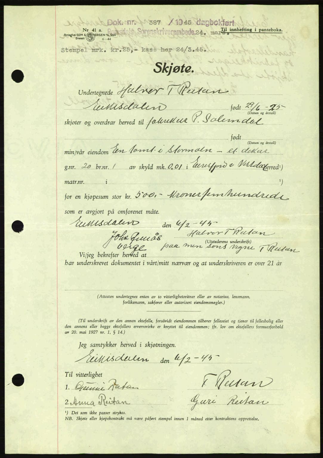 Romsdal sorenskriveri, SAT/A-4149/1/2/2C: Pantebok nr. A17, 1944-1945, Dagboknr: 387/1945