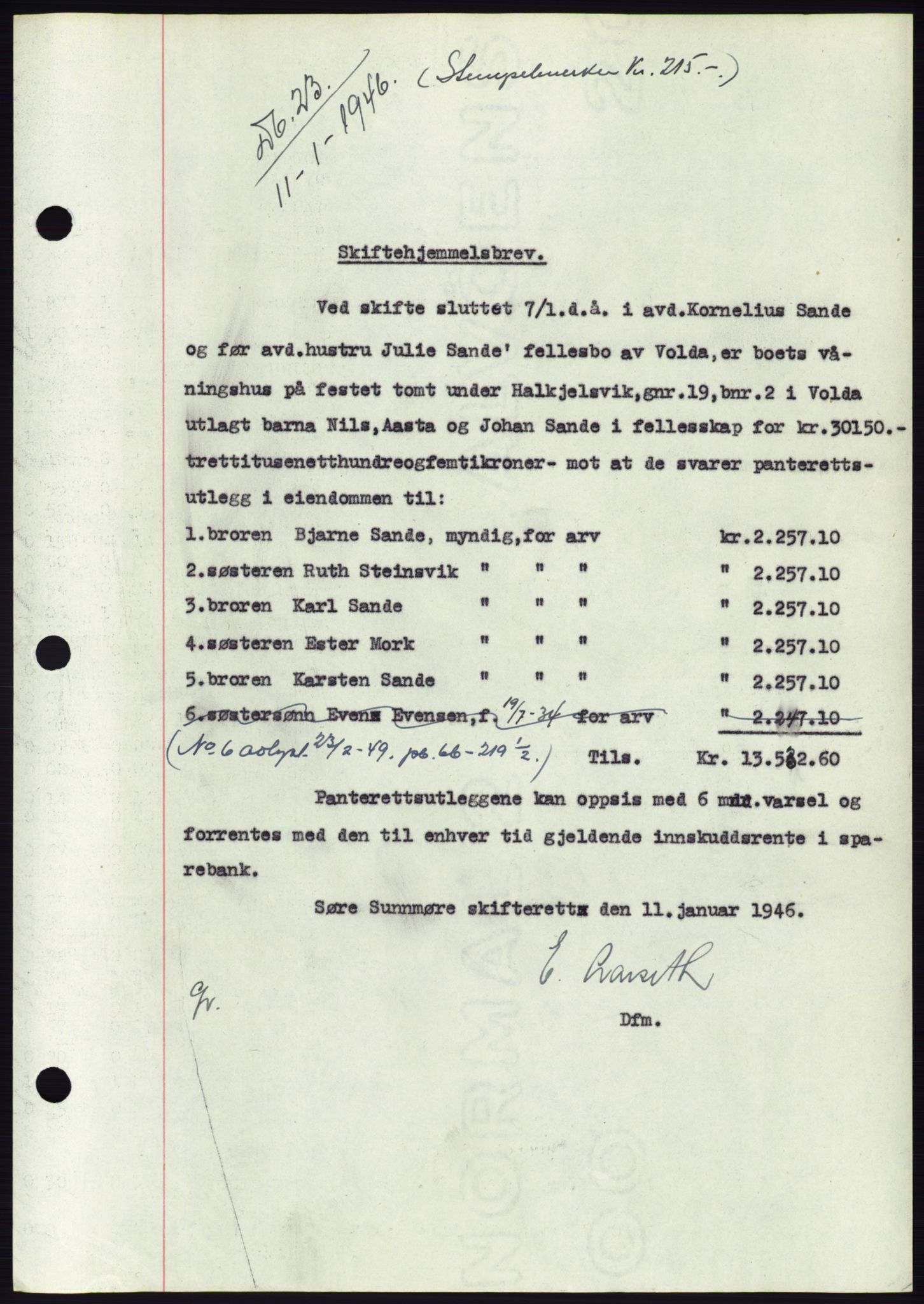 Søre Sunnmøre sorenskriveri, SAT/A-4122/1/2/2C/L0077: Pantebok nr. 3A, 1945-1946, Dagboknr: 23/1946