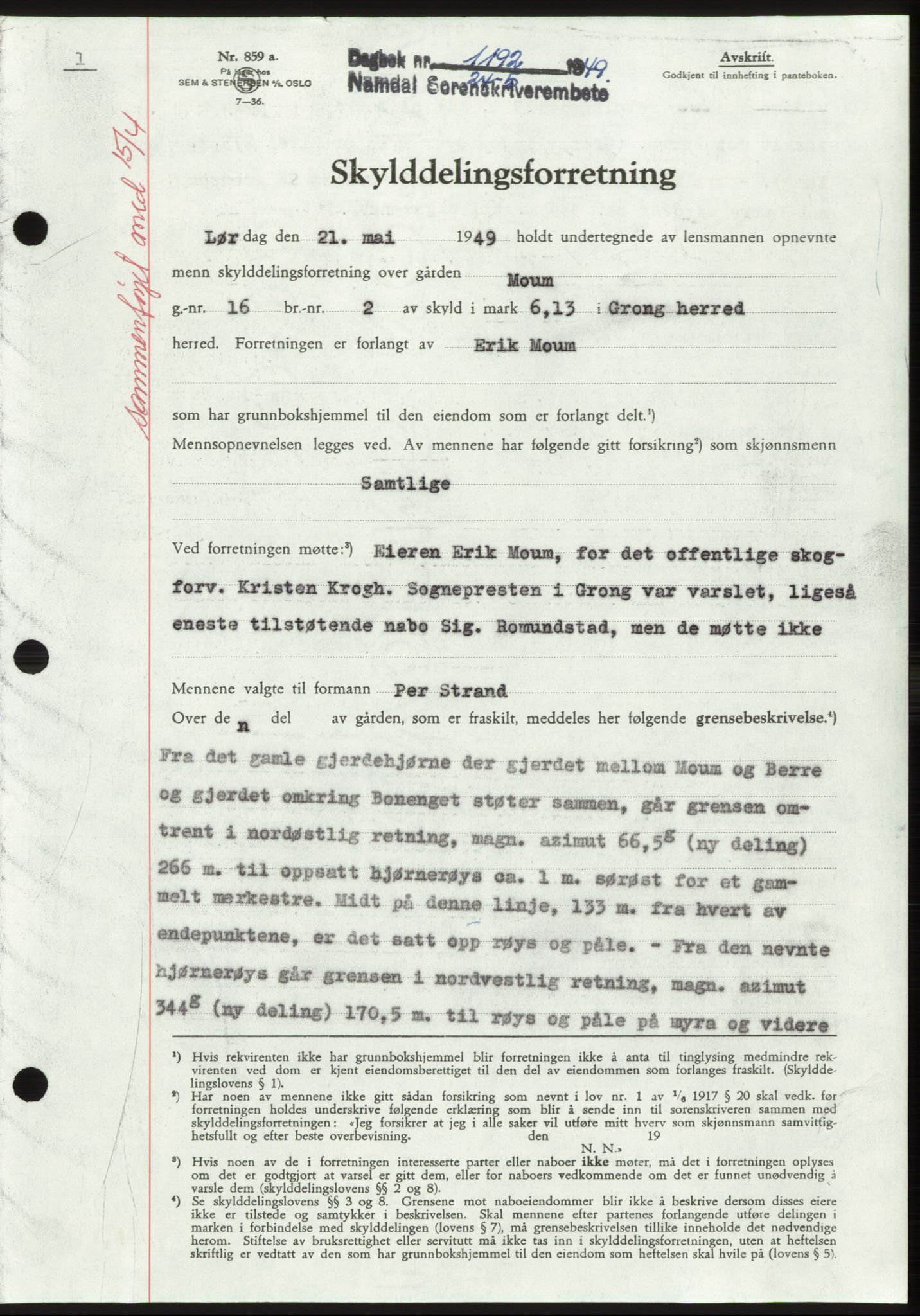 Namdal sorenskriveri, SAT/A-4133/1/2/2C: Pantebok nr. -, 1949-1949, Dagboknr: 1192/1949