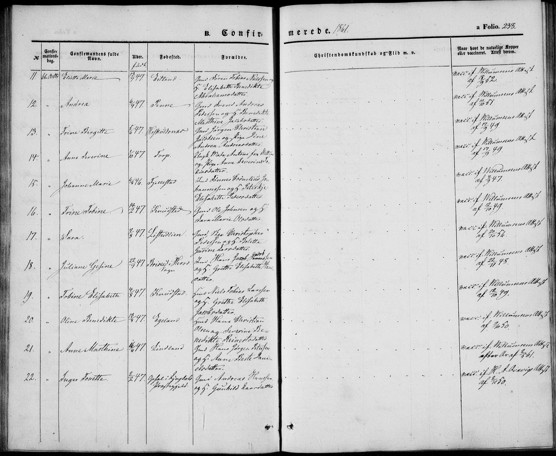Lista sokneprestkontor, AV/SAK-1111-0027/F/Fb/L0002: Klokkerbok nr. B 2, 1847-1862, s. 238