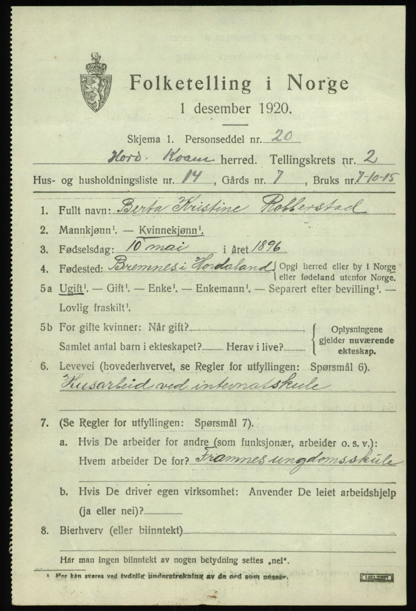 SAB, Folketelling 1920 for 1238 Kvam herred, 1920, s. 2009