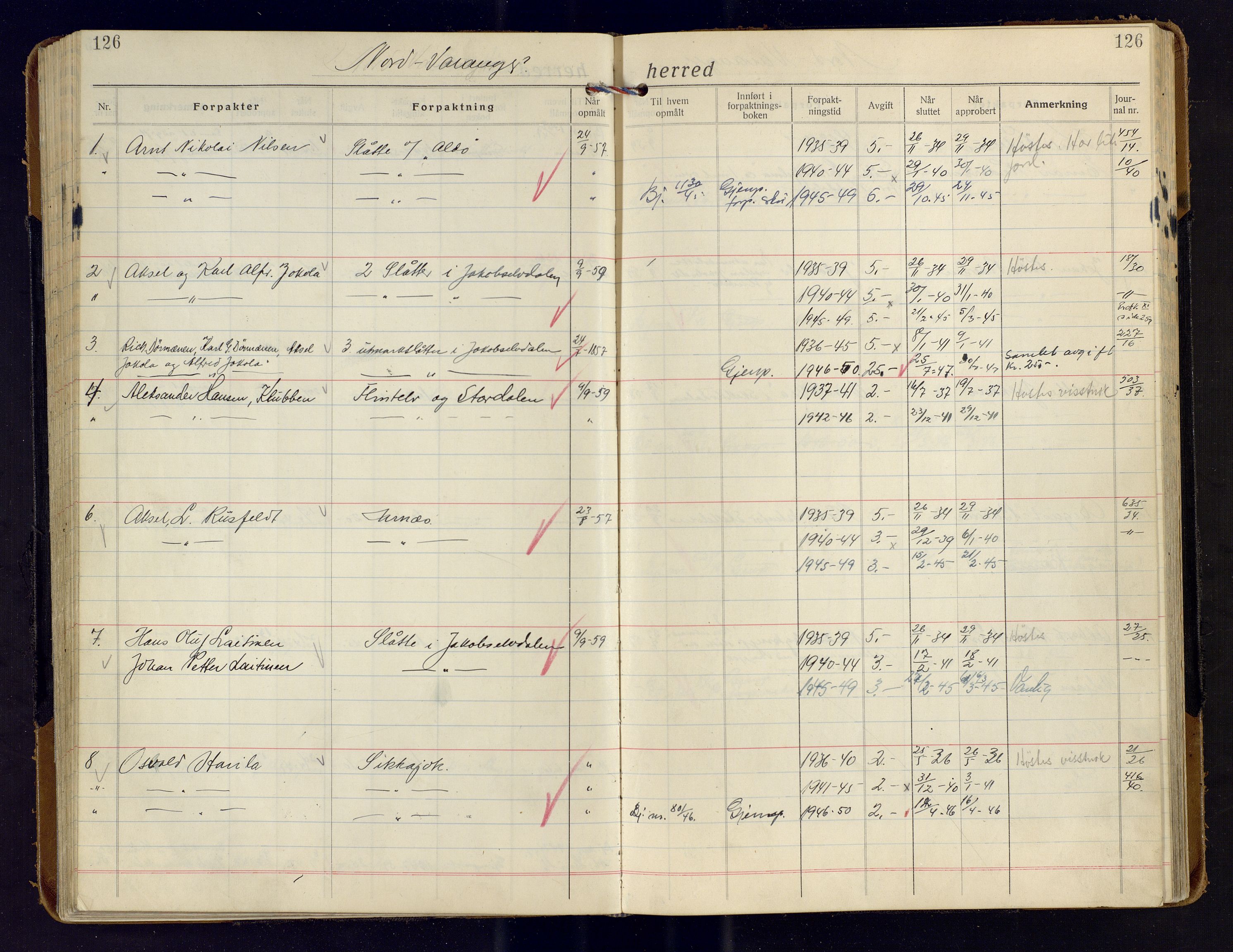 Finnmark jordsalgskommisjon/jordsalgskontor og Statskog SF Finnmark jordsalgskontor, AV/SATØ-S-1443/J/Ja/L0009: Forpaktningsbok for Finnmark IV, 1914-1948, s. 126