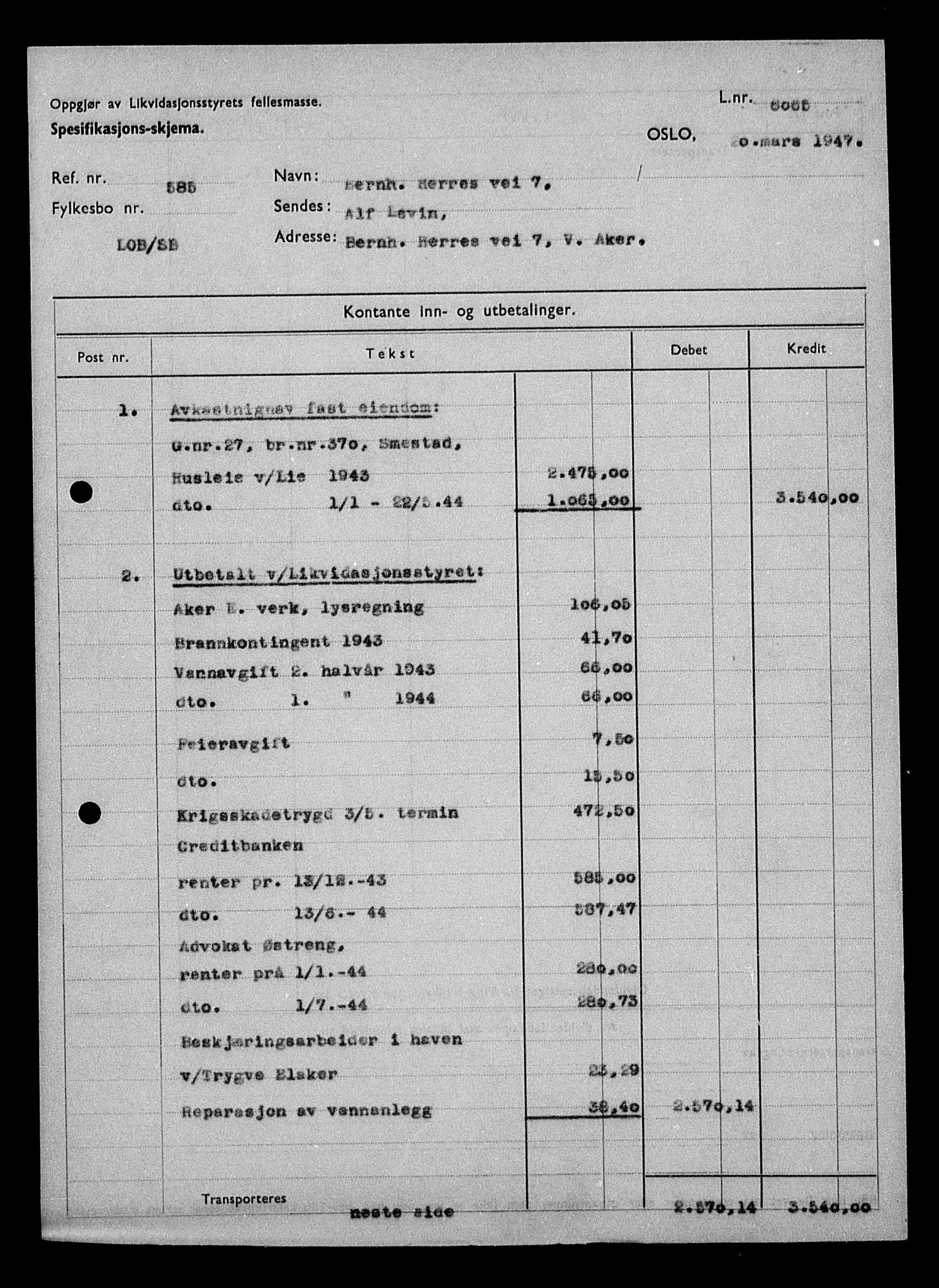 Justisdepartementet, Tilbakeføringskontoret for inndratte formuer, AV/RA-S-1564/H/Hc/Hcc/L0957: --, 1945-1947, s. 6