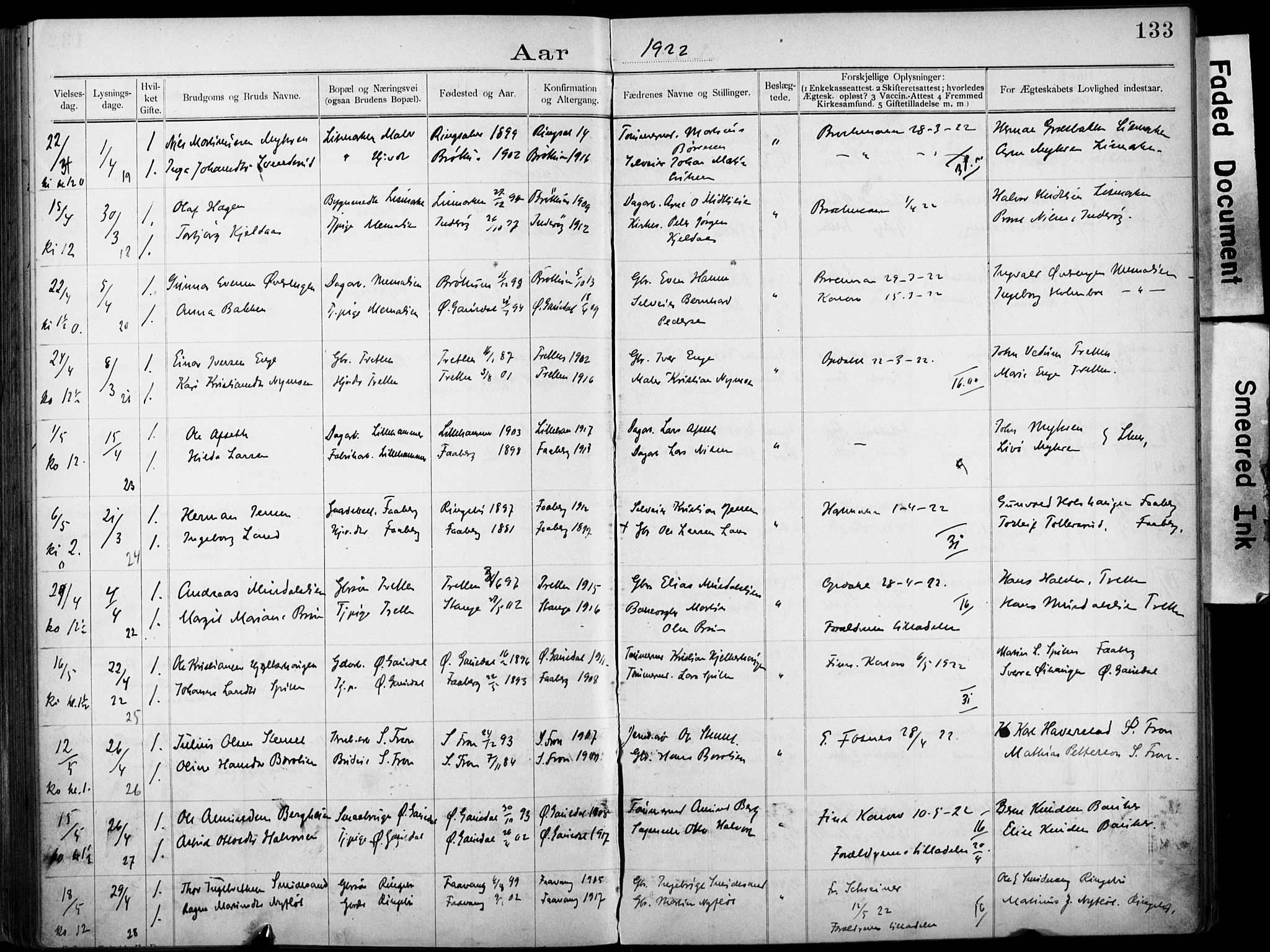 Lillehammer prestekontor, AV/SAH-PREST-088/I/Ie: Lysningsprotokoll nr. 1, 1903-1932, s. 133
