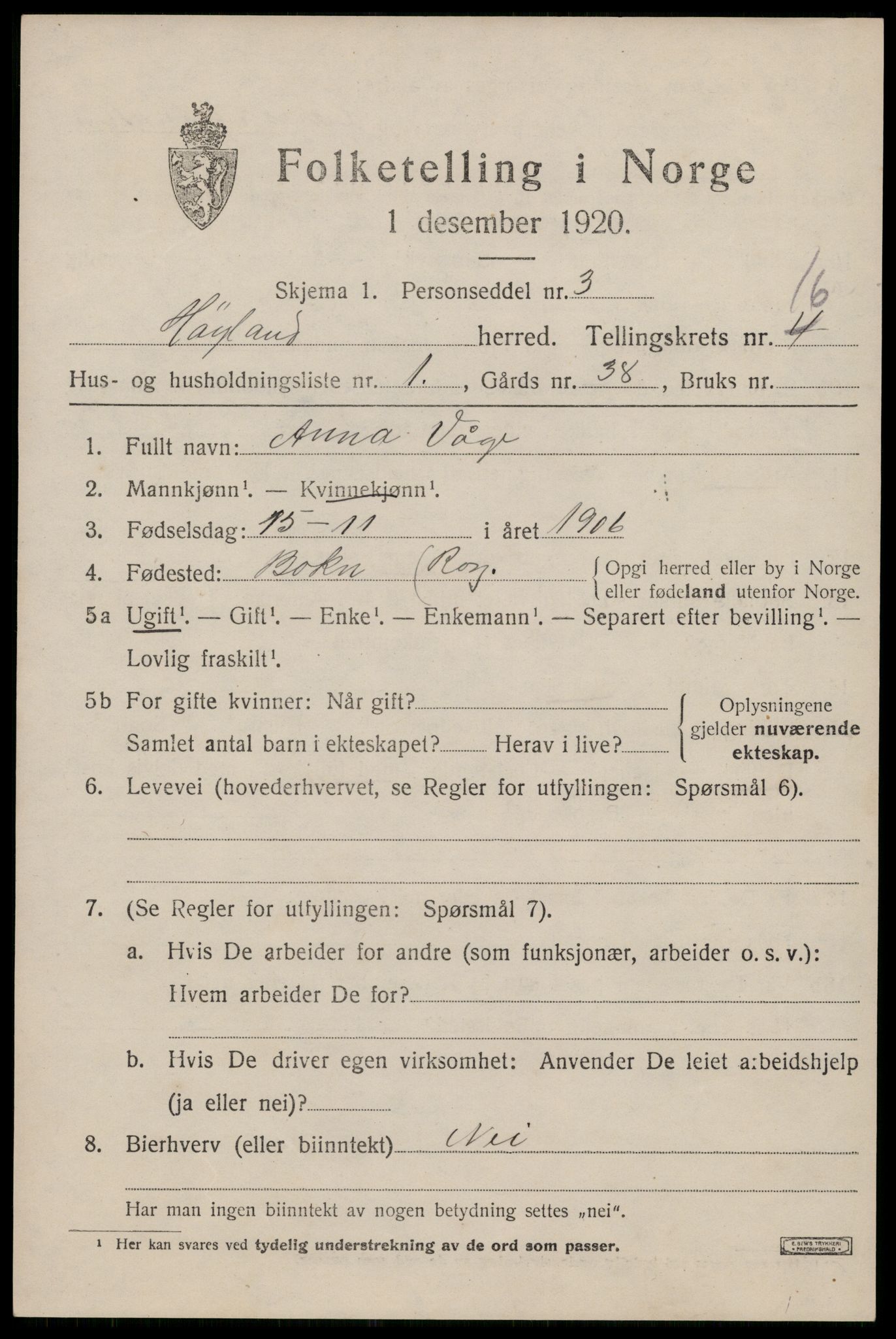 SAST, Folketelling 1920 for 1123 Høyland herred, 1920, s. 14100