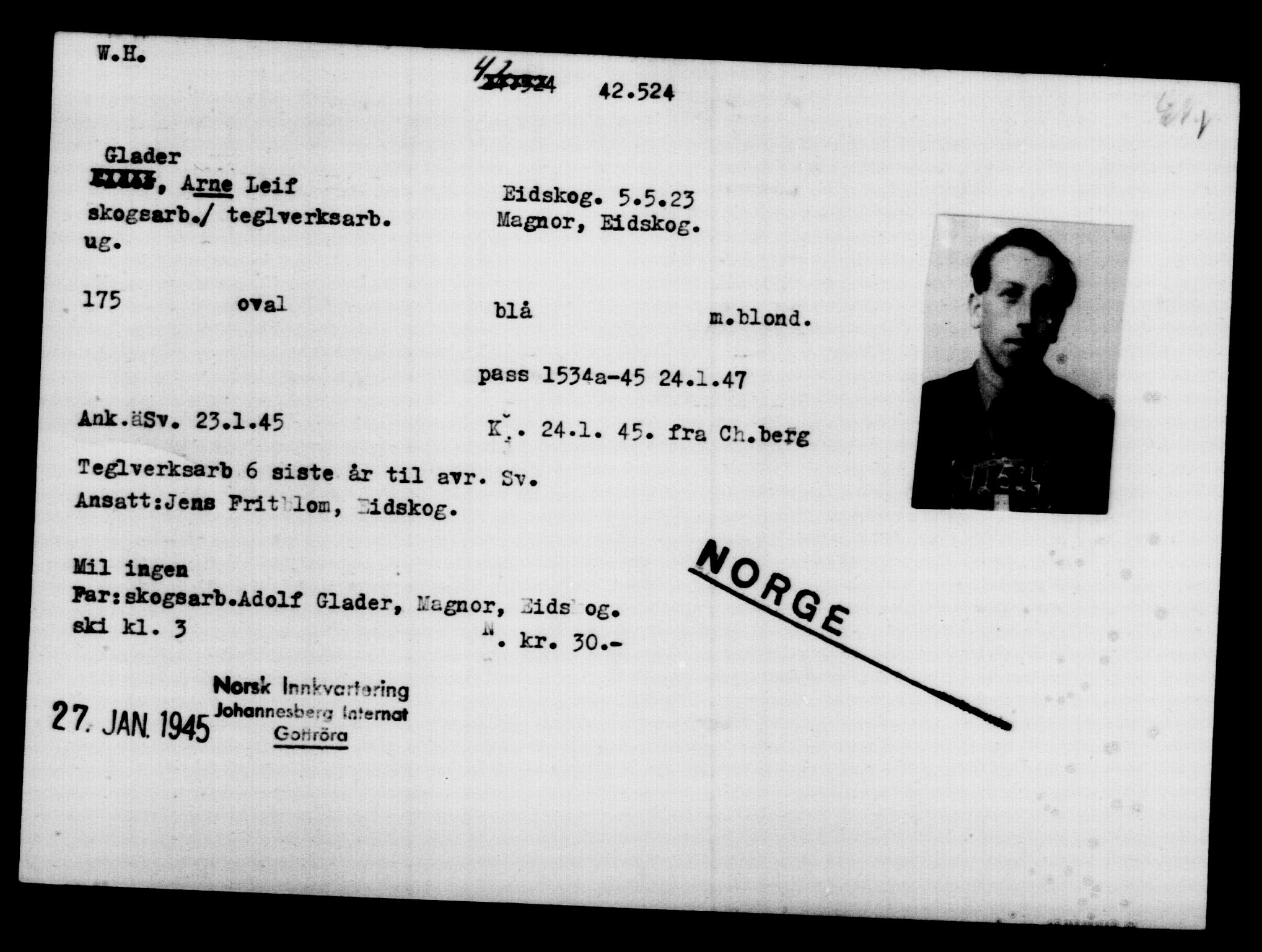 Utenriksstasjonene, Legasjonen i Stockholm, Flyktningkontoret, AV/RA-S-6753/V/Va/L0016: Kjesäterkartoteket, flyktninger med registreringsnr. 40700-43479, 1940-1945, s. 1896