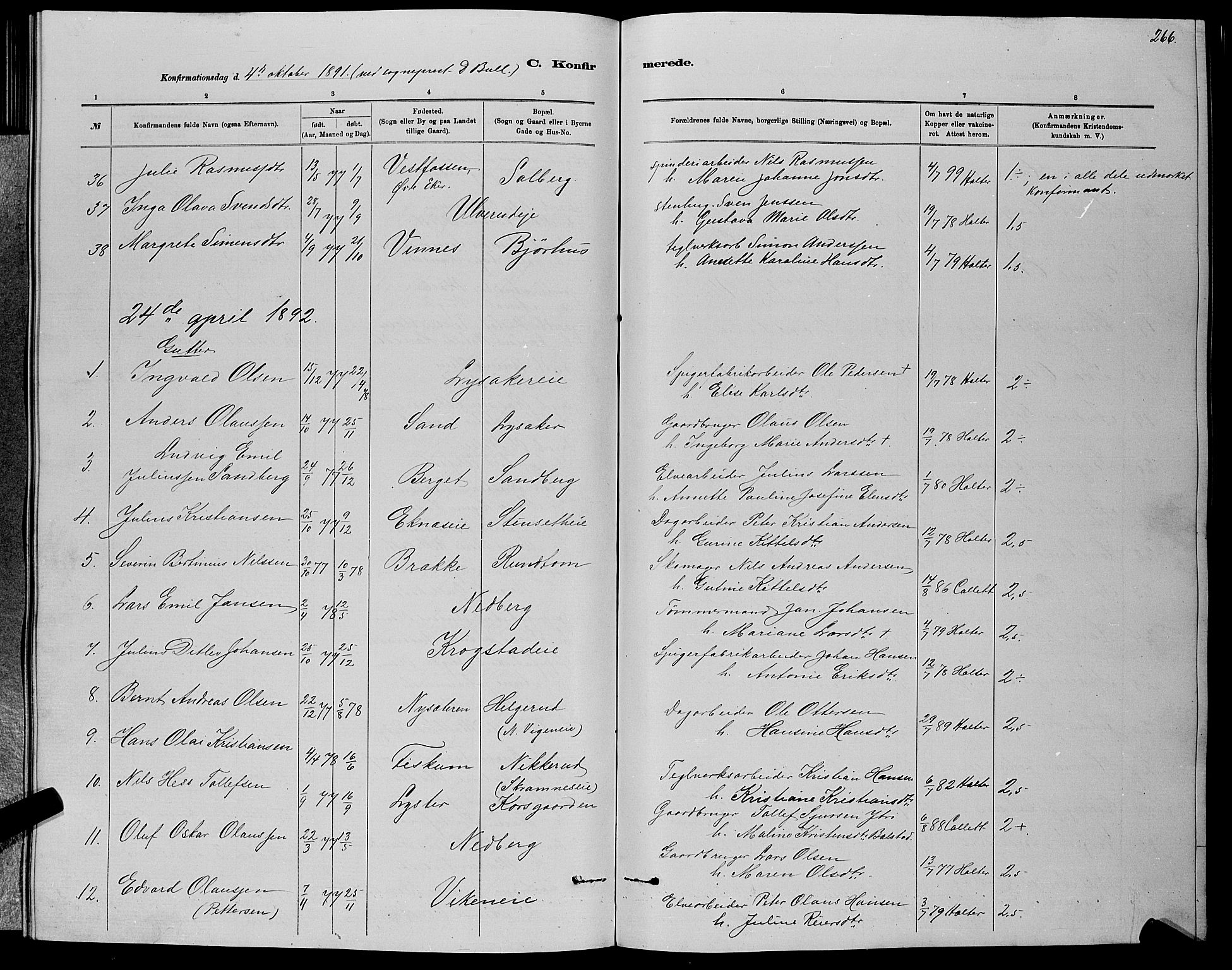 Nedre Eiker kirkebøker, SAKO/A-612/G/Ga/L0002: Klokkerbok nr. 2, 1880-1896, s. 266