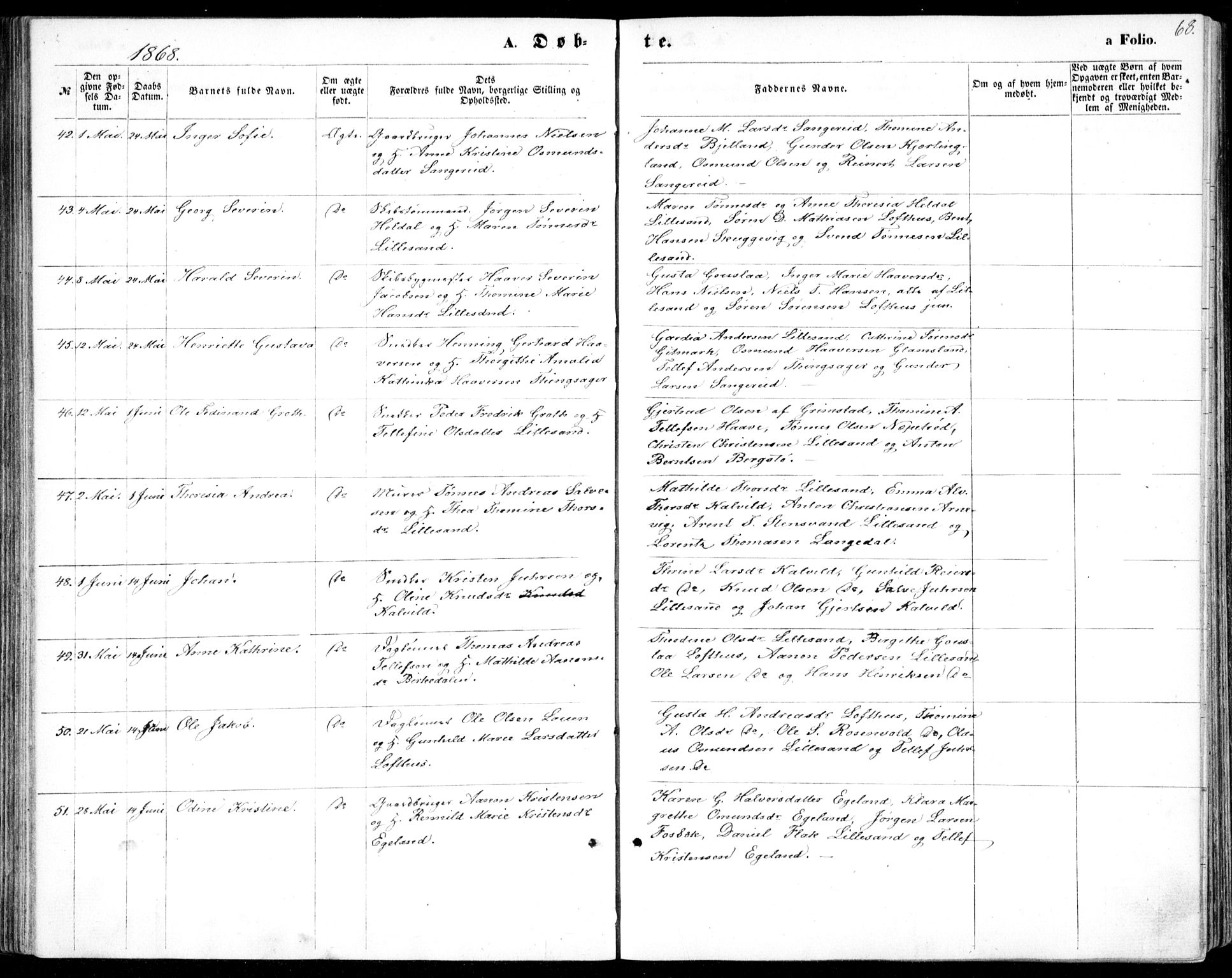 Vestre Moland sokneprestkontor, AV/SAK-1111-0046/F/Fb/Fbb/L0004: Klokkerbok nr. B 4, 1861-1872, s. 68