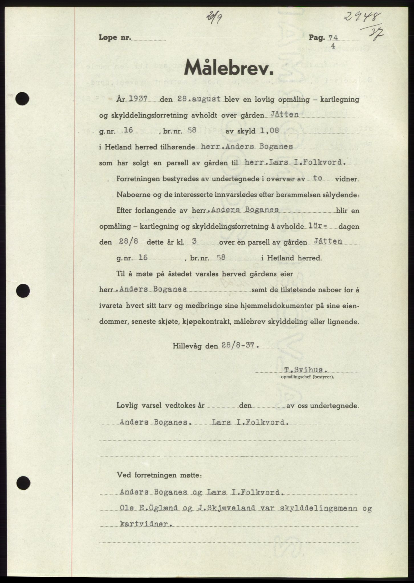 Jæren sorenskriveri, SAST/A-100310/03/G/Gba/L0069: Pantebok, 1937-1937, Dagboknr: 2948/1937