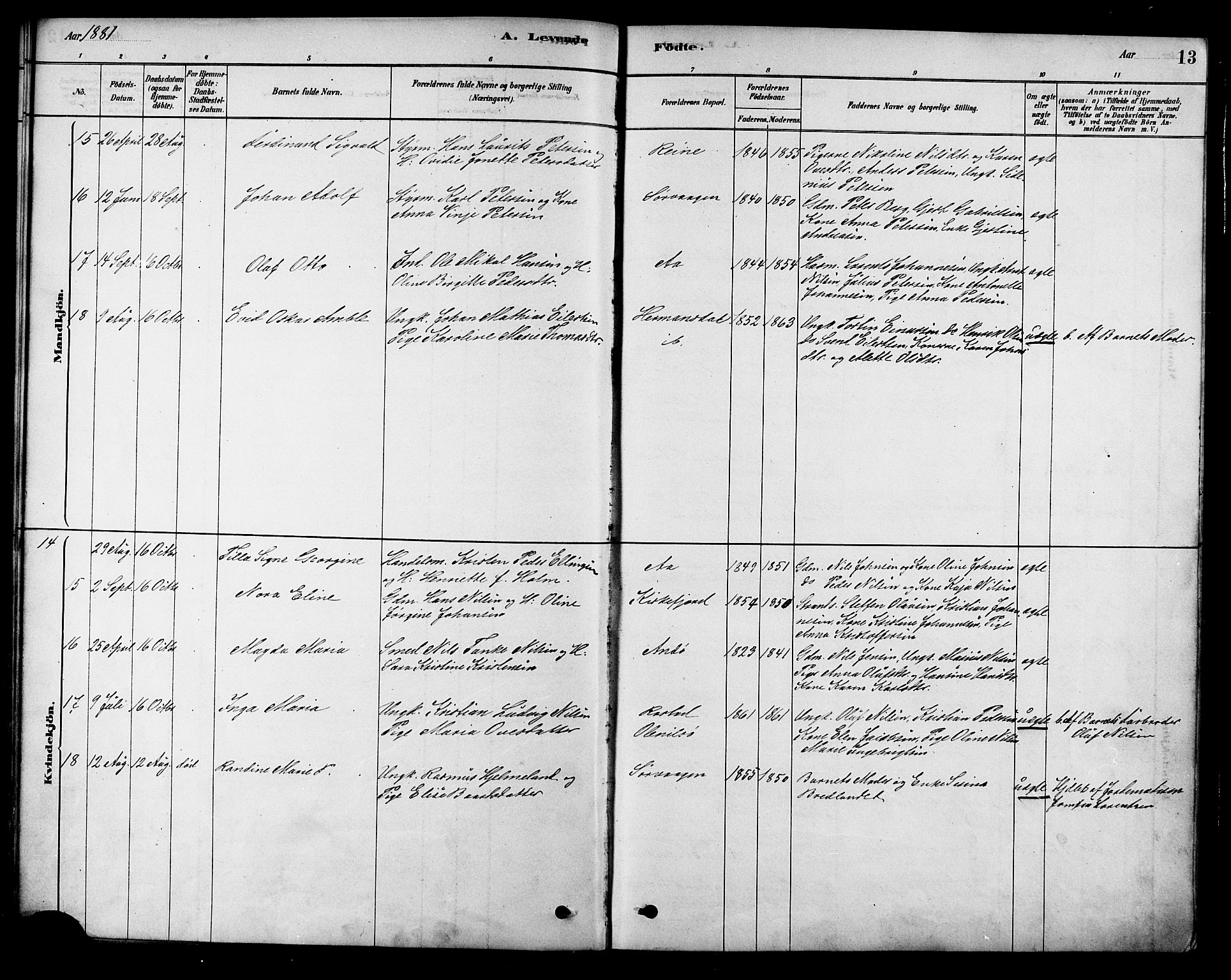 Ministerialprotokoller, klokkerbøker og fødselsregistre - Nordland, AV/SAT-A-1459/886/L1219: Ministerialbok nr. 886A01, 1878-1892, s. 13