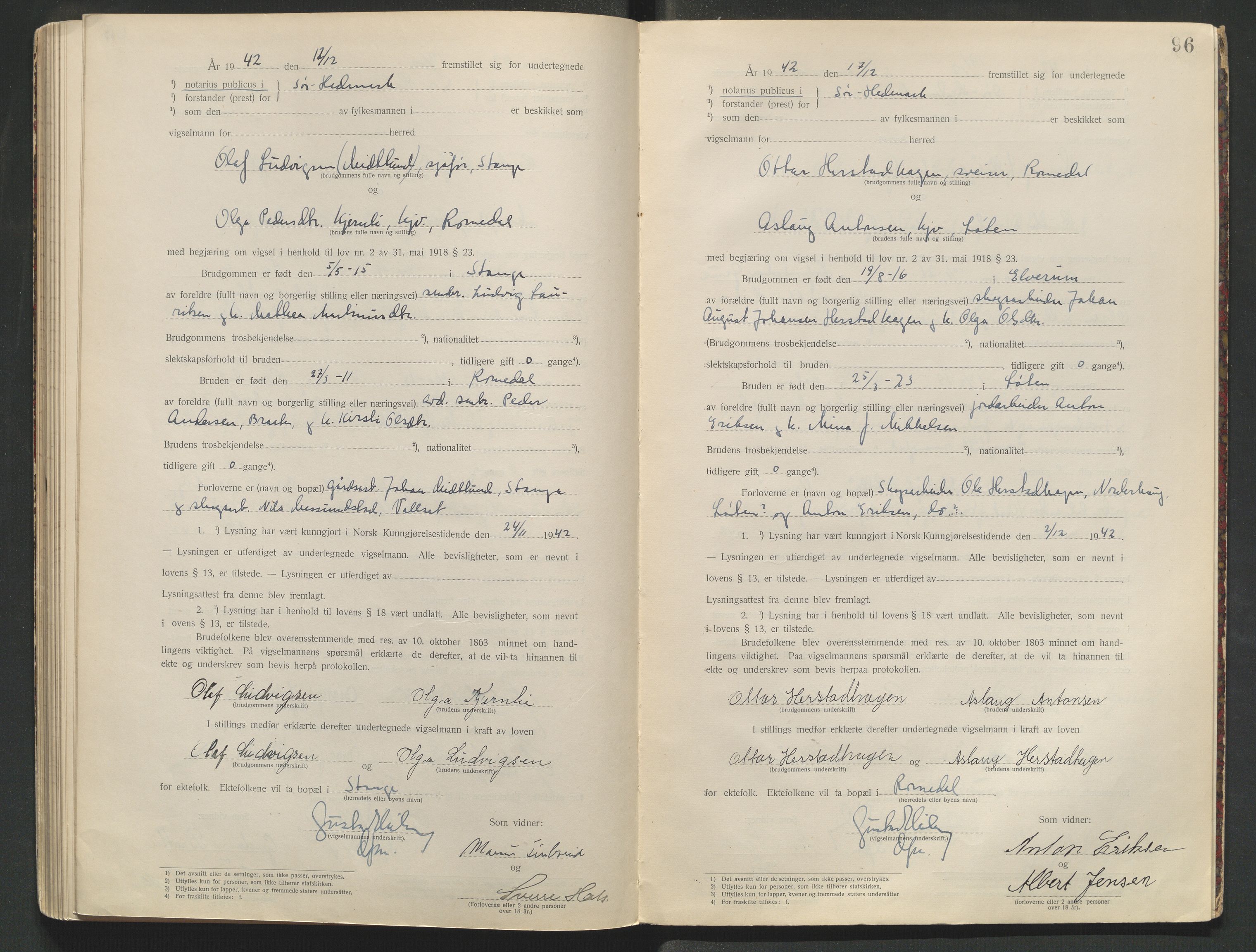Sør-Hedmark sorenskriveri, AV/SAH-TING-014/L/Le/L0001/0002: Vigselbøker / Vigselbok, 1938-1942, s. 96