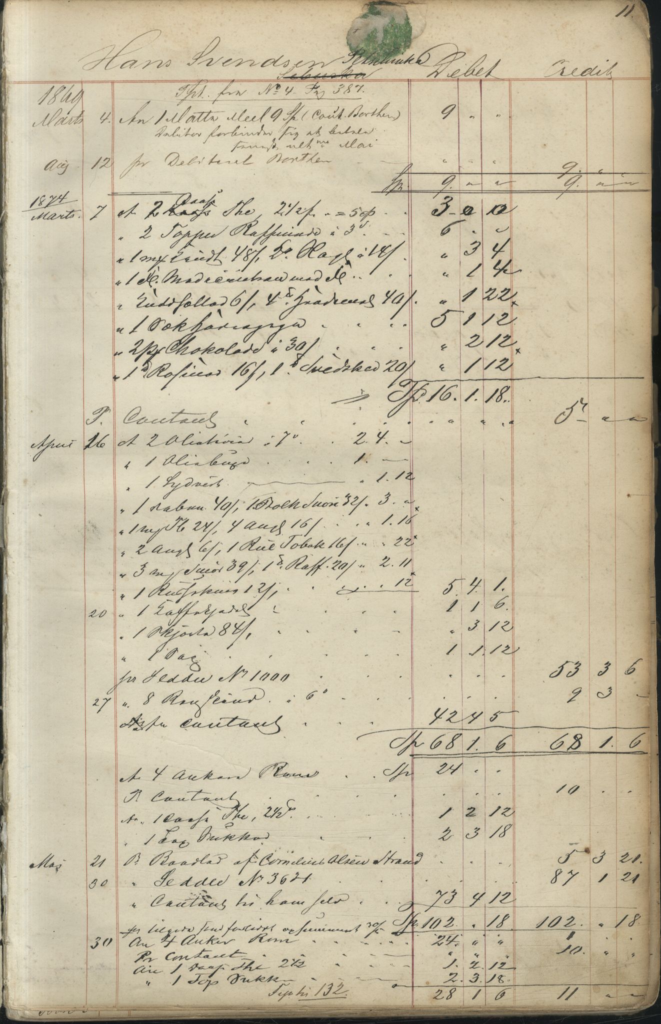 Brodtkorb handel A/S, VAMU/A-0001/F/Fc/L0001/0001: Konto for kvener og nordmenn på Kolahalvøya  / Conto for Kvæner og Nordmænd paa Russefinmarken No 1, 1868-1894, s. 11