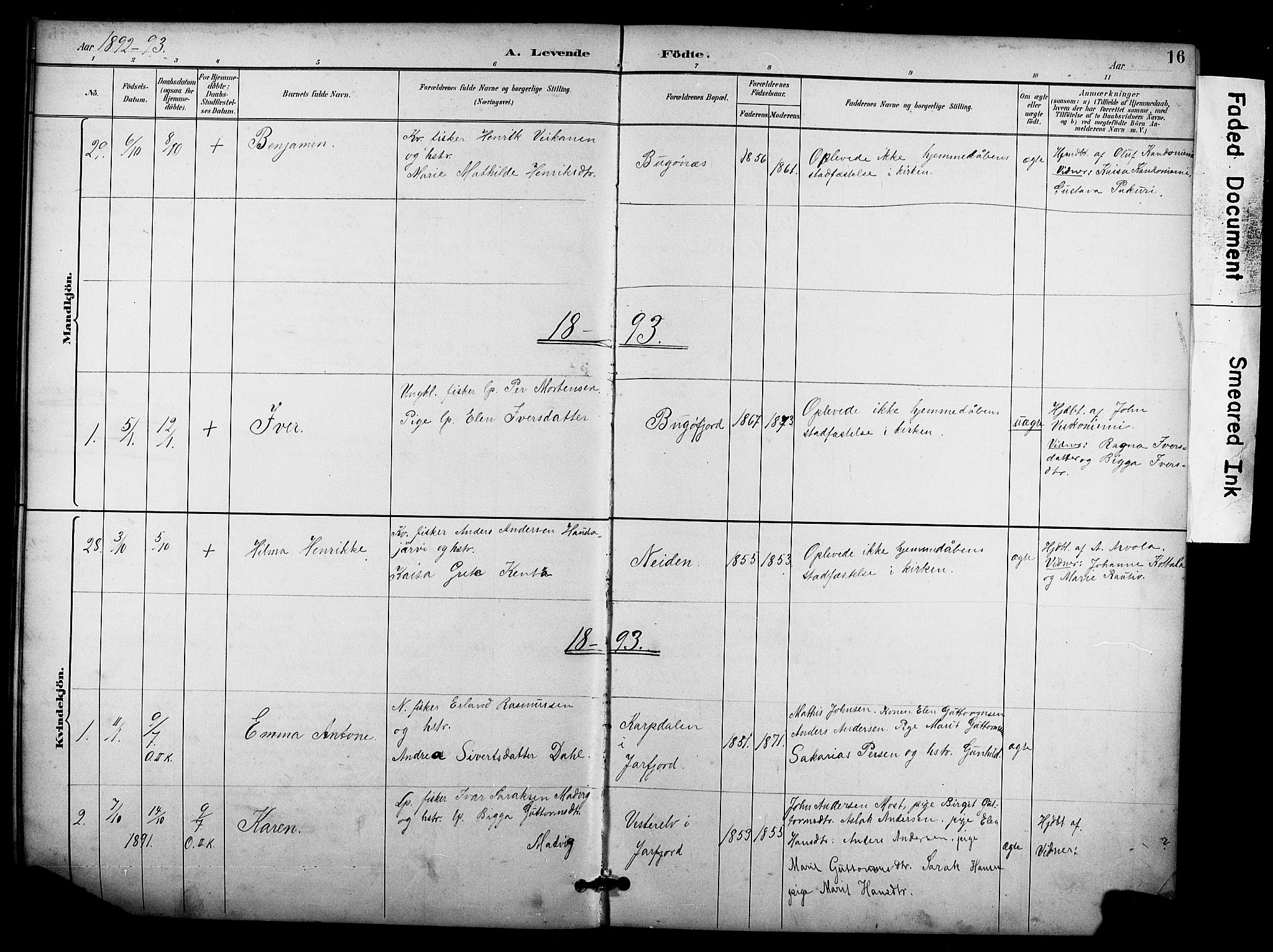 Sør-Varanger sokneprestkontor, AV/SATØ-S-1331/H/Hb/L0004klokker: Klokkerbok nr. 4, 1891-1912, s. 16