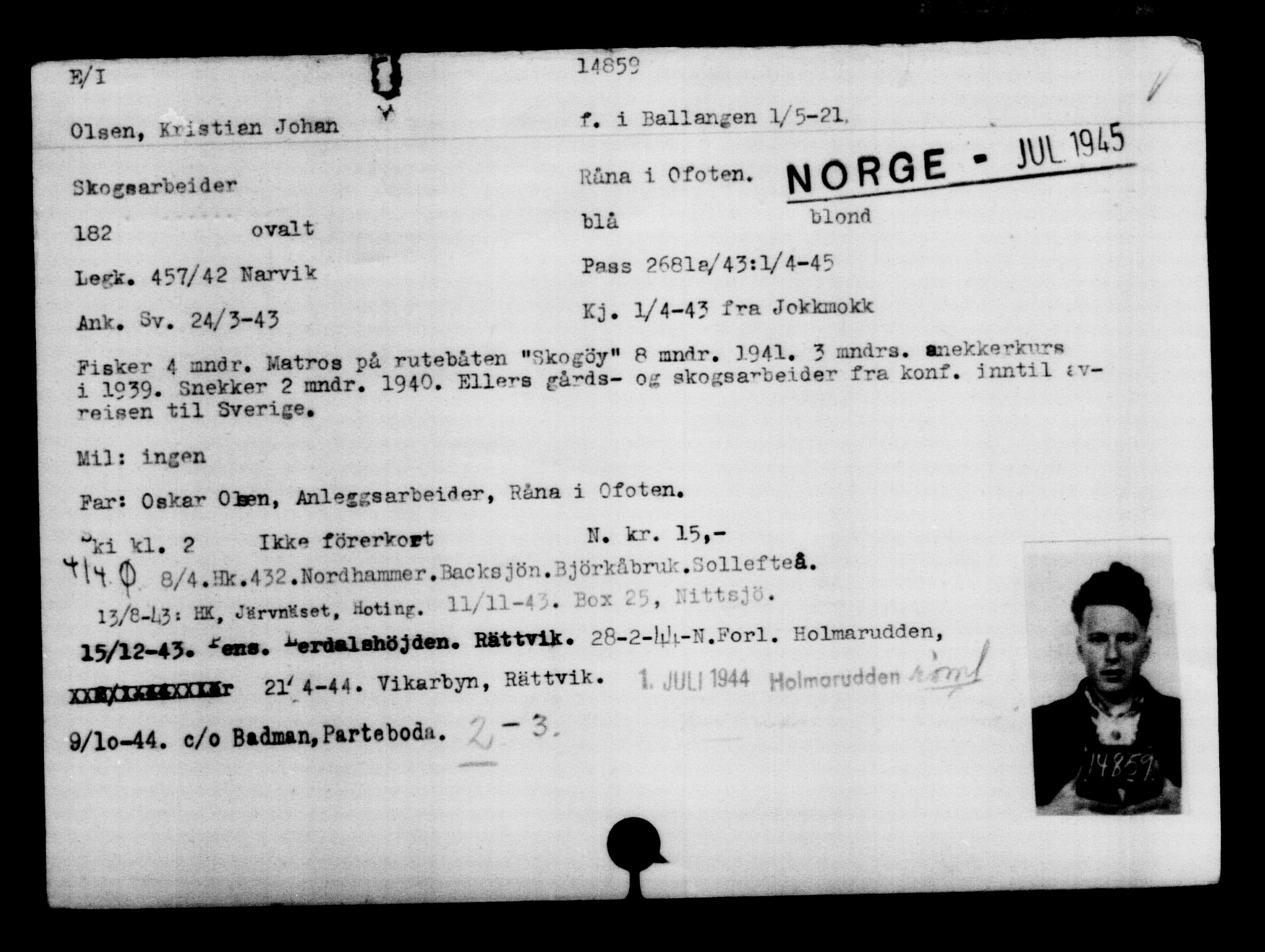 Den Kgl. Norske Legasjons Flyktningskontor, AV/RA-S-6753/V/Va/L0007: Kjesäterkartoteket.  Flyktningenr. 12700-15723, 1940-1945, s. 2491