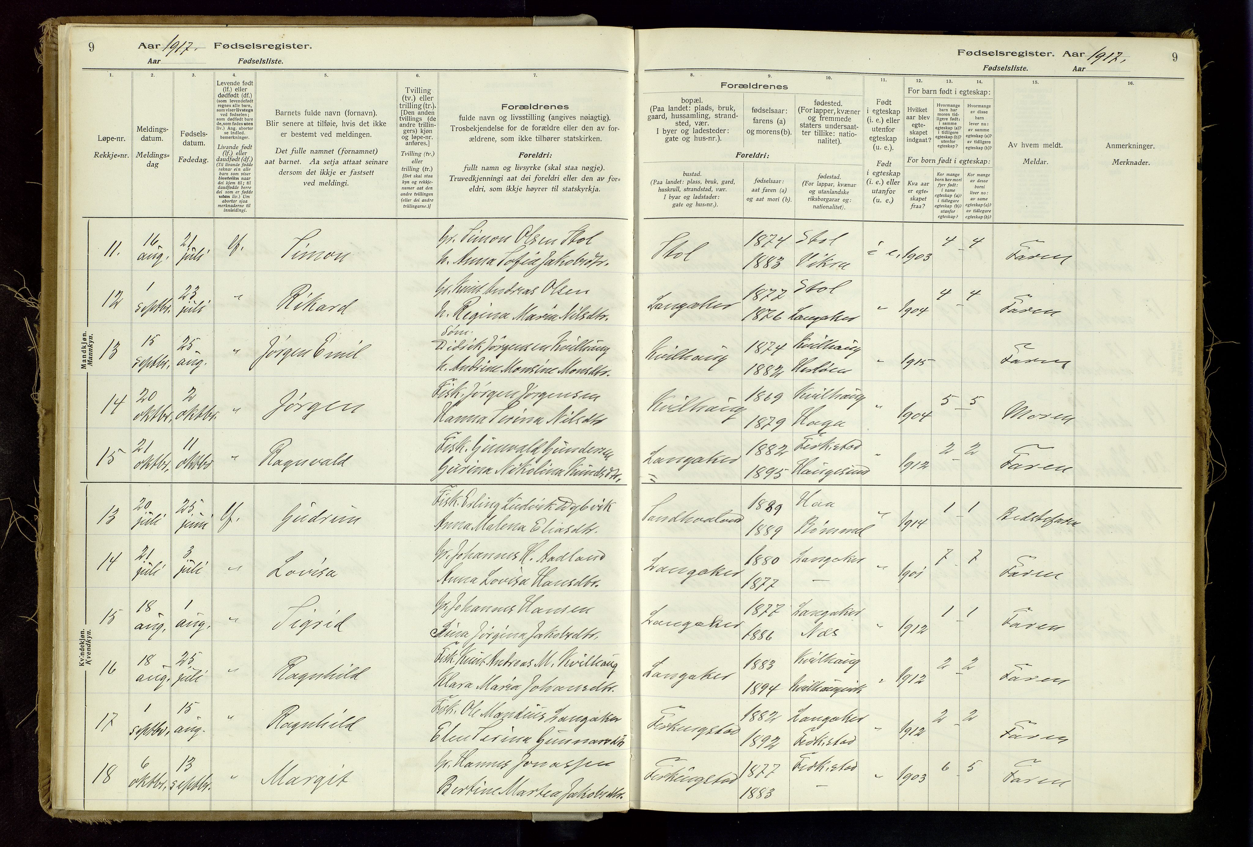 Skudenes sokneprestkontor, SAST/A -101849/I/Id/L0002: Fødselsregister nr. 2, 1916-1962, s. 9