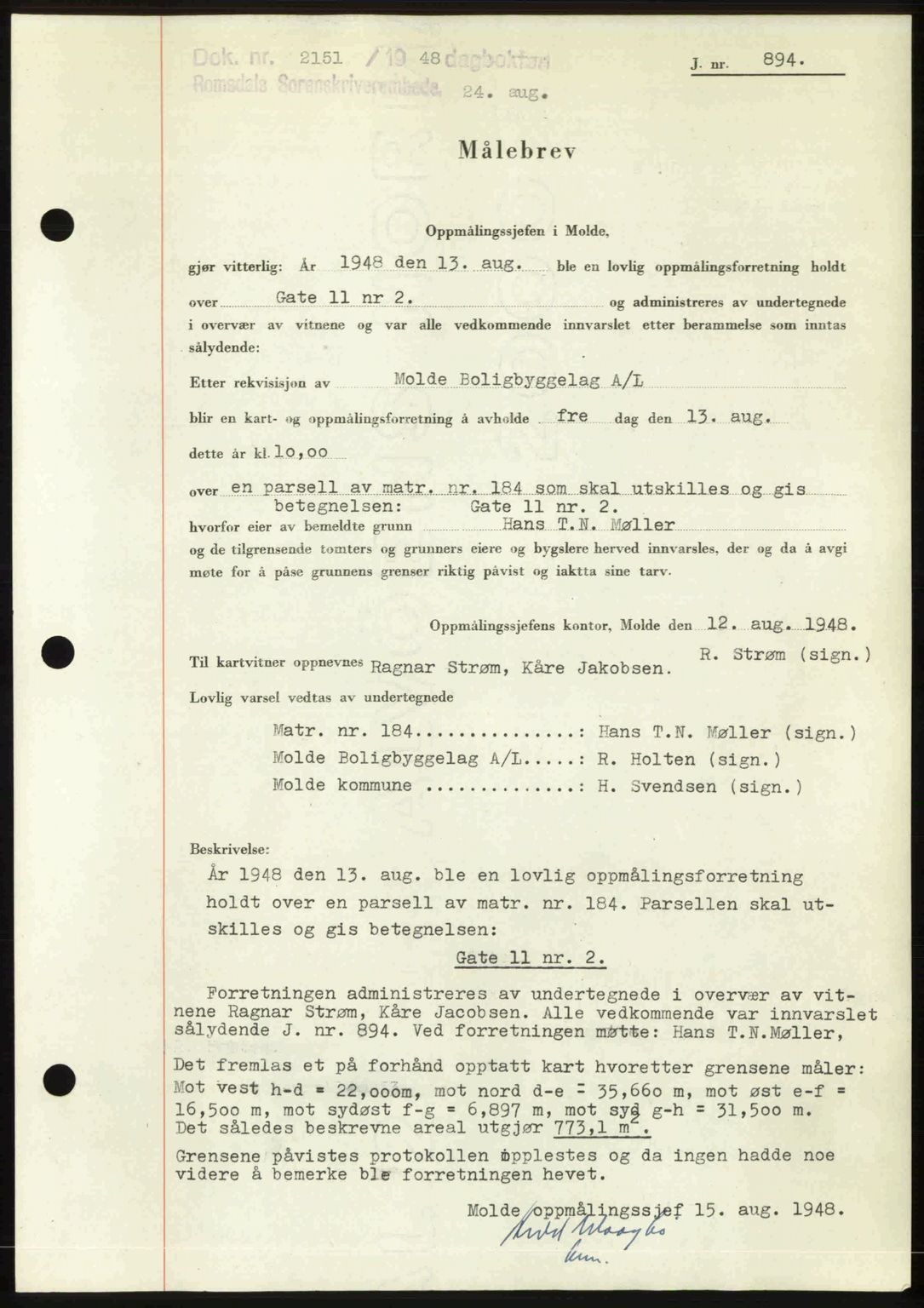Romsdal sorenskriveri, SAT/A-4149/1/2/2C: Pantebok nr. A27, 1948-1948, Dagboknr: 2151/1948