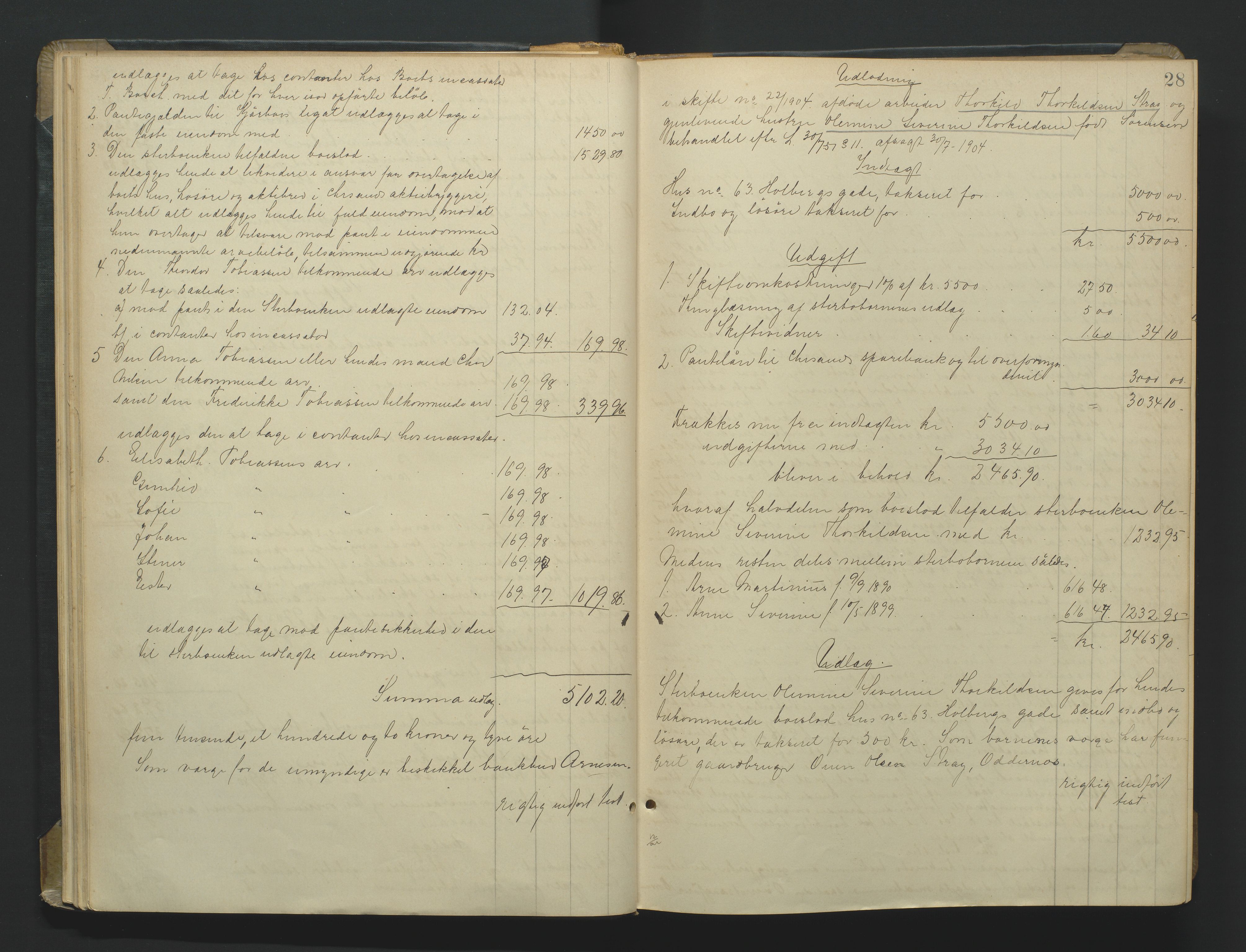 Kristiansand byrett, AV/SAK-1223-0001/H/Hc/L0060: Skifteutlodningsprotokoll nr. 6, med register, 1903-1916, s. 28