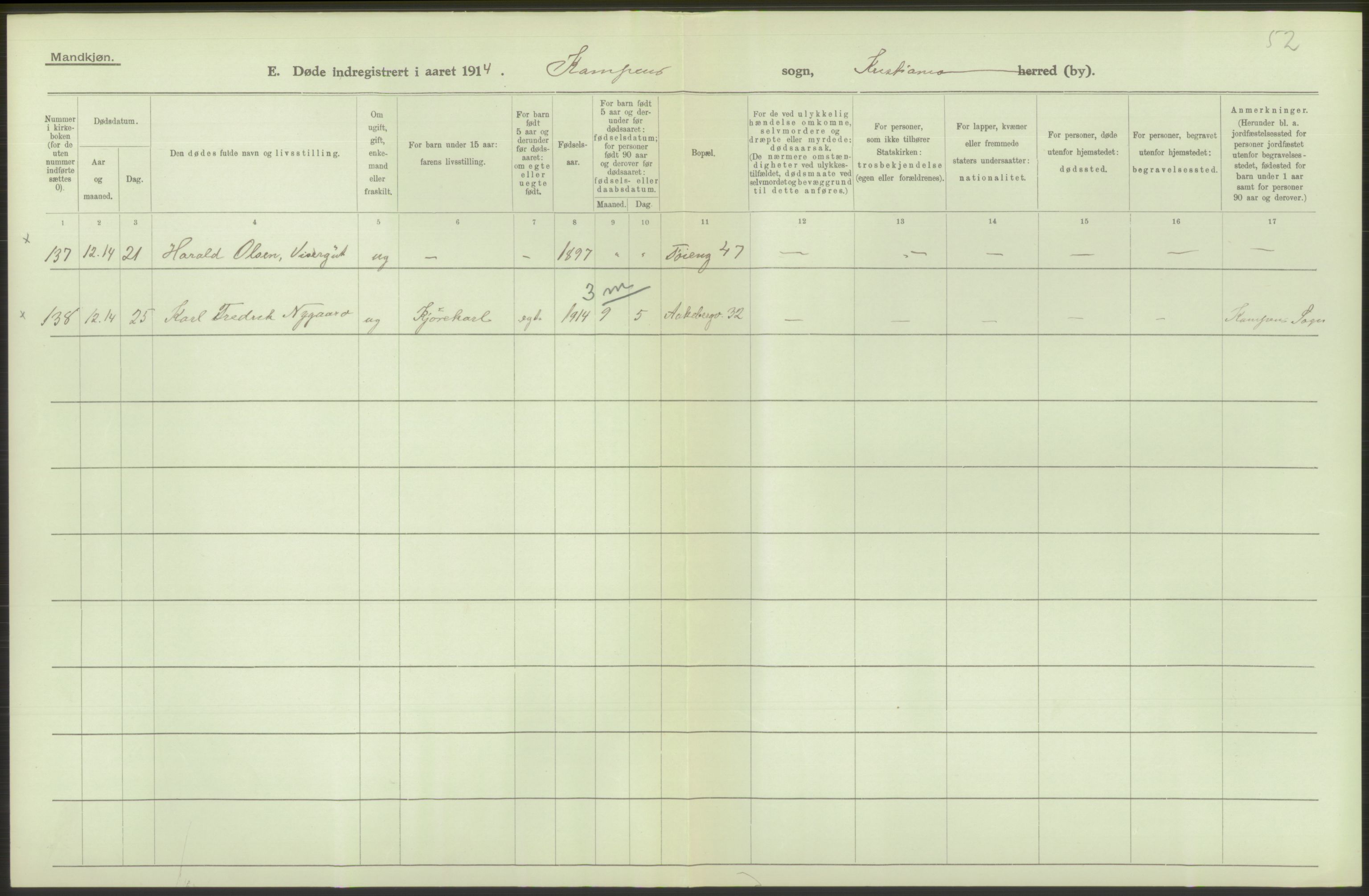 Statistisk sentralbyrå, Sosiodemografiske emner, Befolkning, AV/RA-S-2228/D/Df/Dfb/Dfbd/L0008: Kristiania: Døde, 1914, s. 400