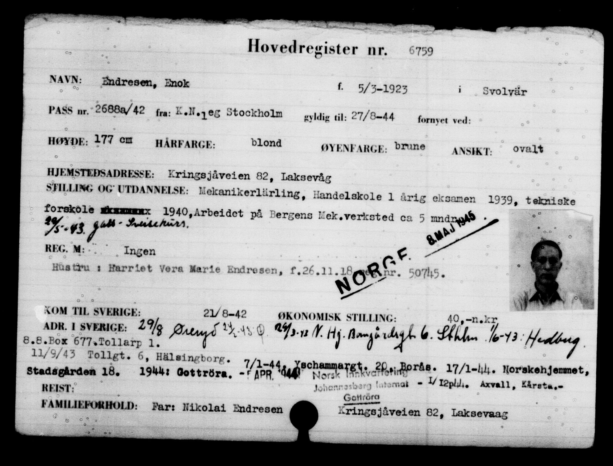 Utenriksstasjonene, Legasjonen i Stockholm, Flyktningkontoret, AV/RA-S-6753/V/Va/L0005: Kjesäterkartoteket, flyktning nr. 6600-9417, 1940-1945, s. 193