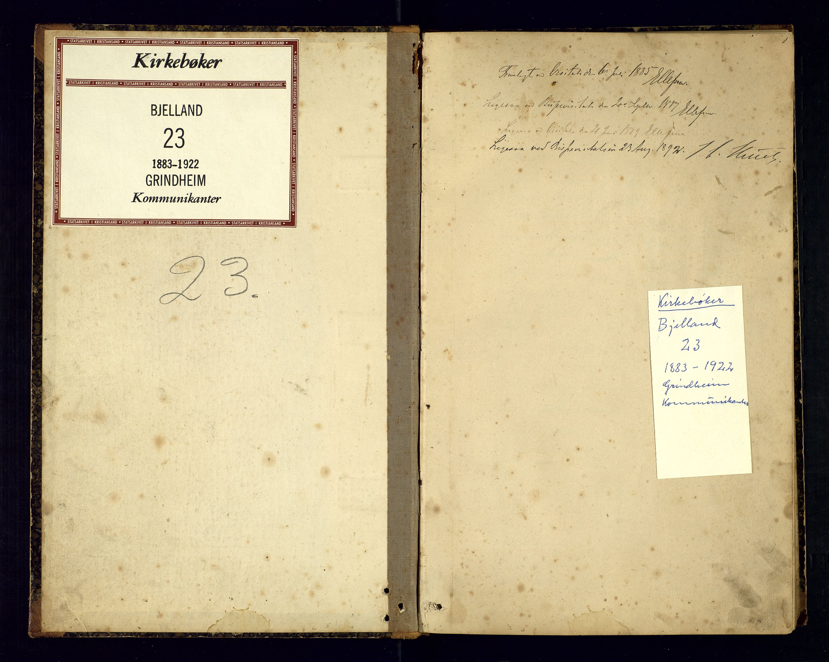 Bjelland sokneprestkontor, SAK/1111-0005/F/Fc/Fcc/L0004: Kommunikantprotokoll nr. C-4, 1883-1922, s. 1