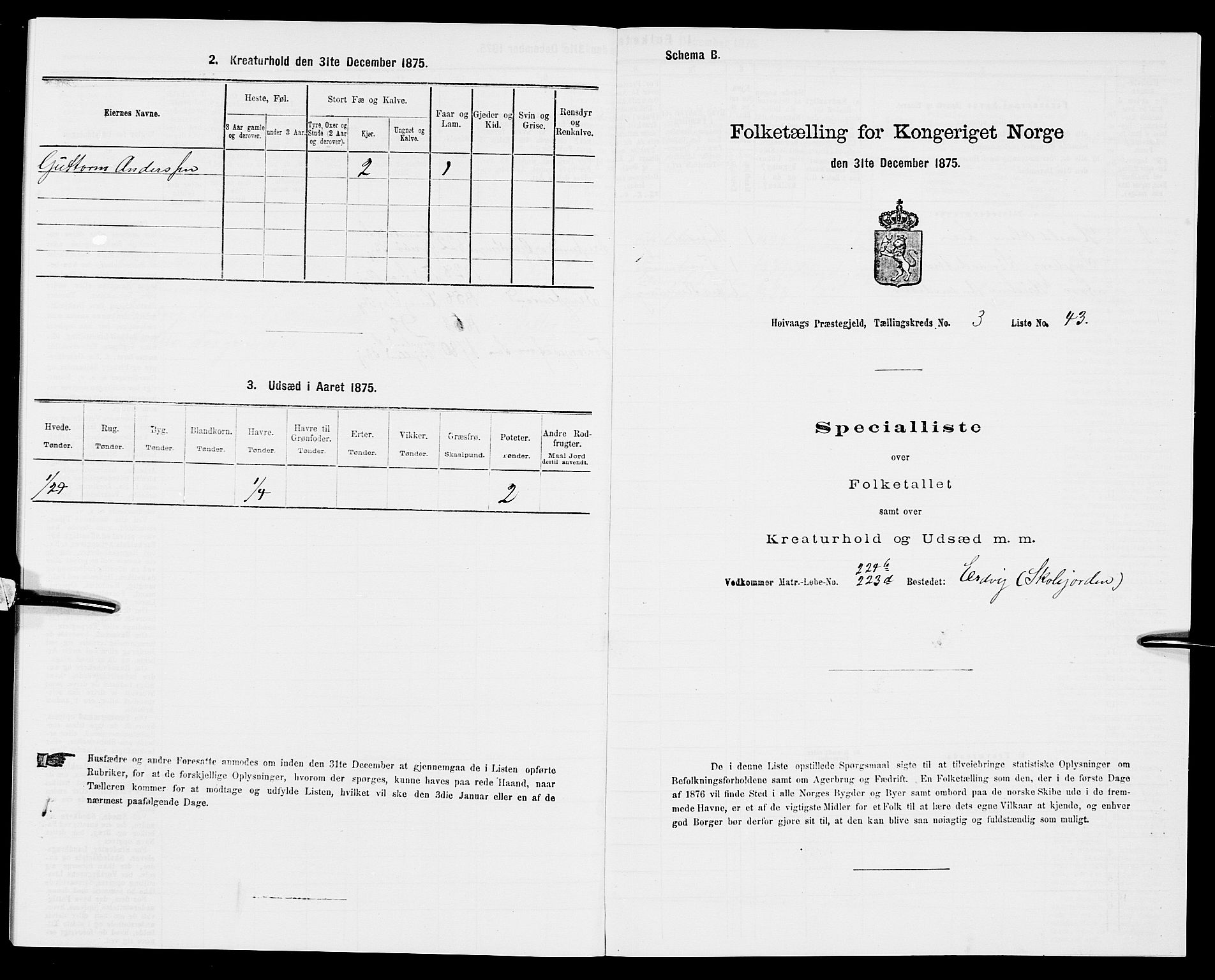 SAK, Folketelling 1875 for 0927P Høvåg prestegjeld, 1875, s. 433