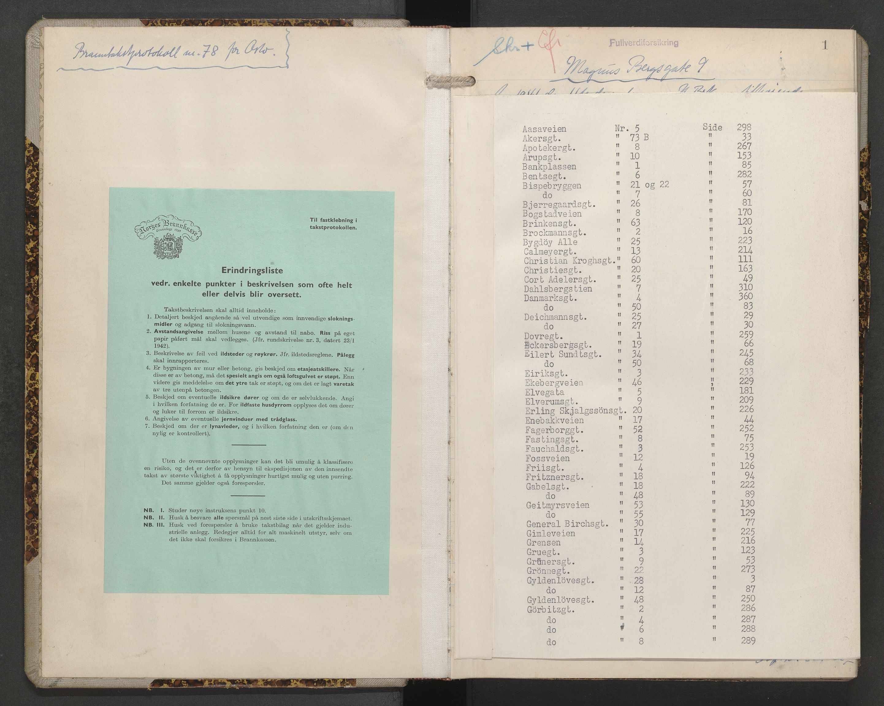 Norges brannkasse, branntakster Oslo, AV/SAO-A-11402/F/Fb/L0002: Branntakstprotokoll, 1941-1843