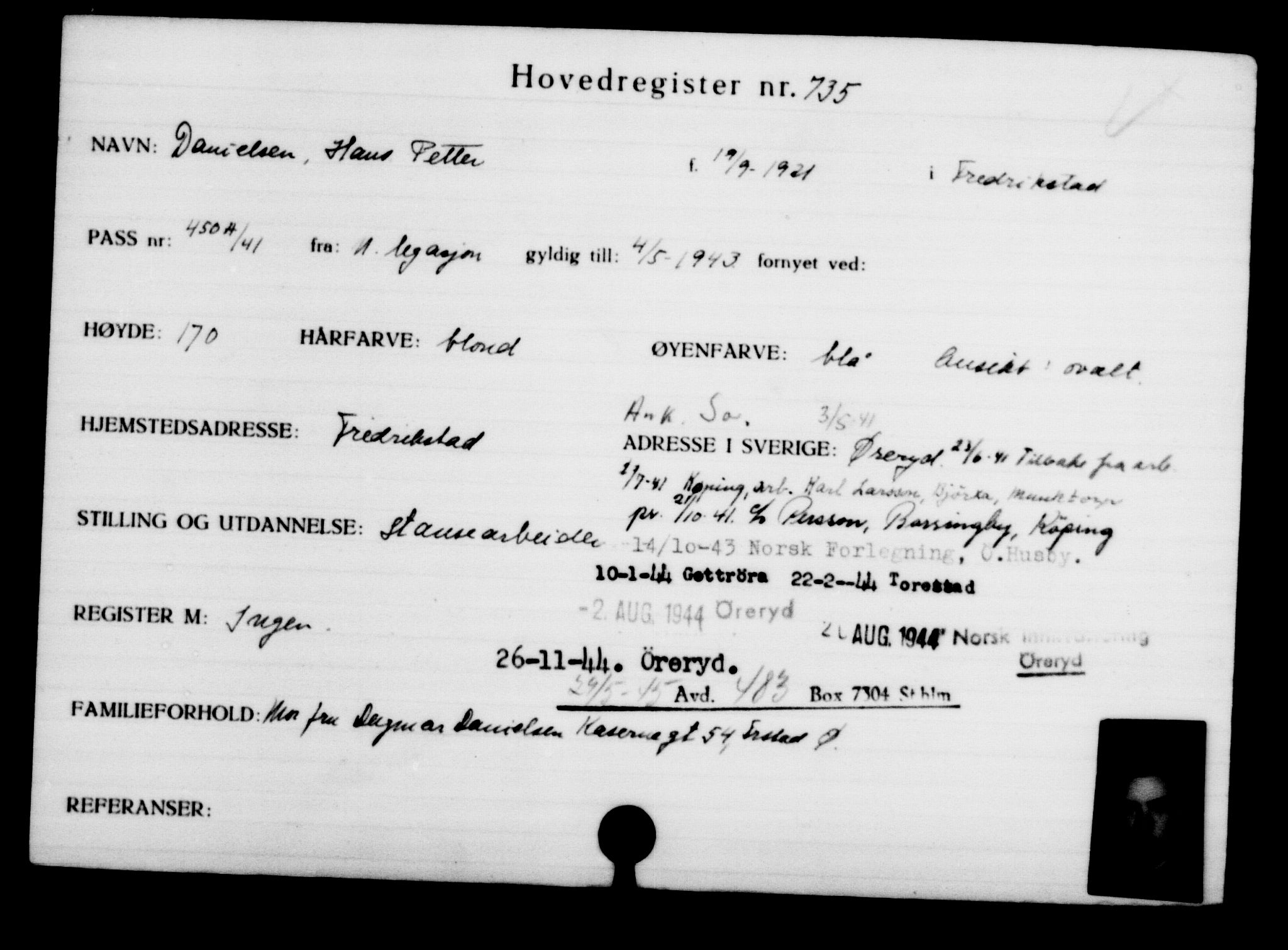Utenriksstasjonene, Legasjonen i Stockholm, Flyktningkontoret, AV/RA-S-6753/V/Va/L0001: Kjesäterkartoteket, flyktninger med registreringsnr. 1-1000, 1940-1945, s. 1153