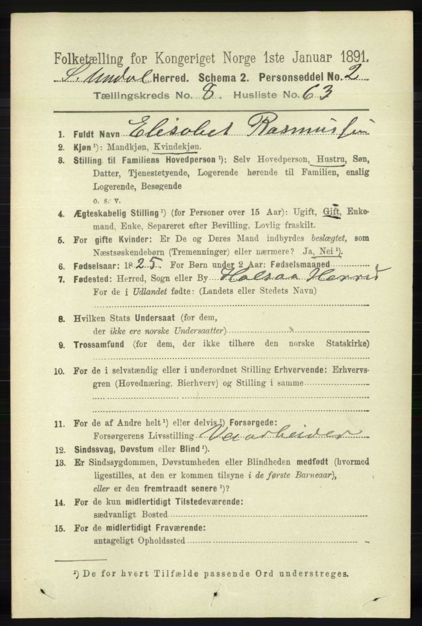RA, Folketelling 1891 for 1029 Sør-Audnedal herred, 1891, s. 3454