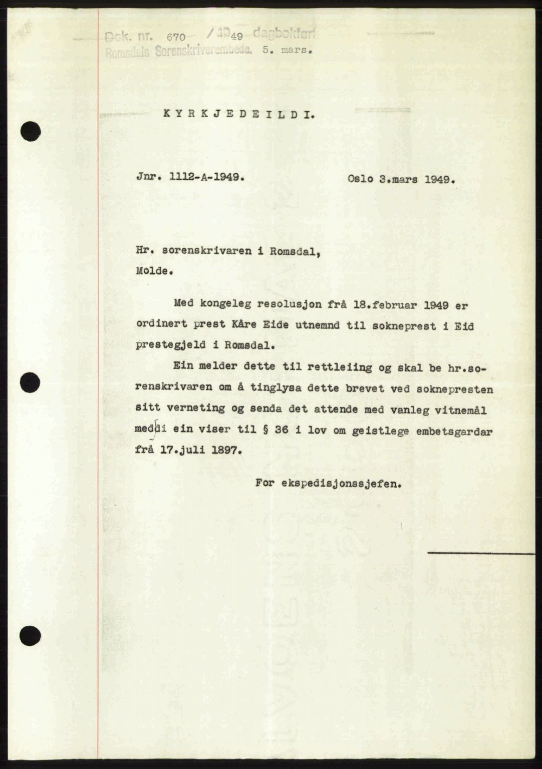 Romsdal sorenskriveri, SAT/A-4149/1/2/2C: Pantebok nr. A29, 1949-1949, Dagboknr: 670/1949
