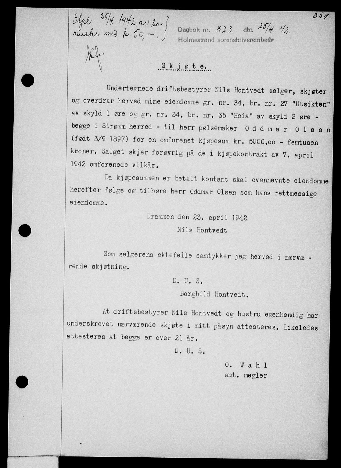 Holmestrand sorenskriveri, SAKO/A-67/G/Ga/Gaa/L0055: Pantebok nr. A-55, 1942-1942, Dagboknr: 823/1942