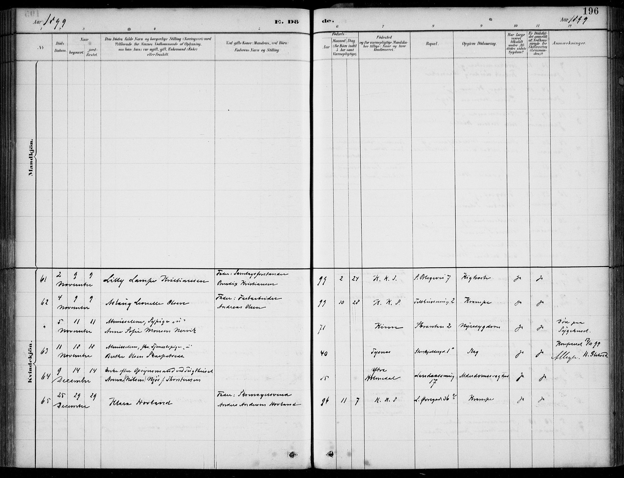 Korskirken sokneprestembete, SAB/A-76101/H/Hab: Klokkerbok nr. E 4, 1884-1910, s. 196