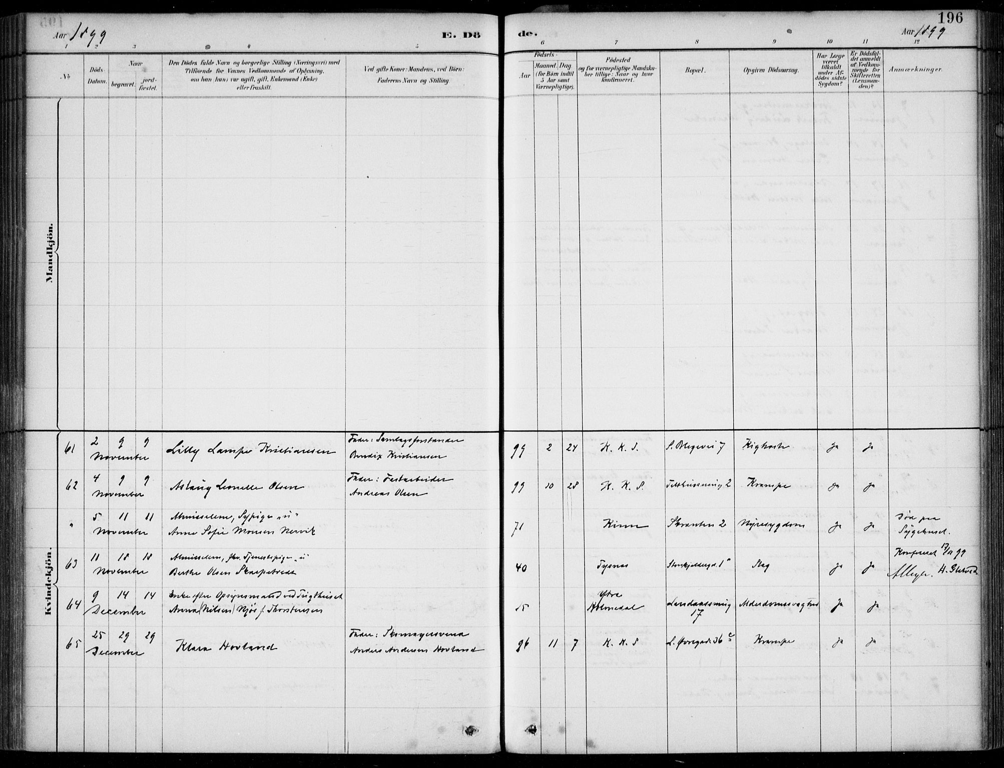 Korskirken sokneprestembete, AV/SAB-A-76101/H/Hab: Klokkerbok nr. E 4, 1884-1910, s. 196