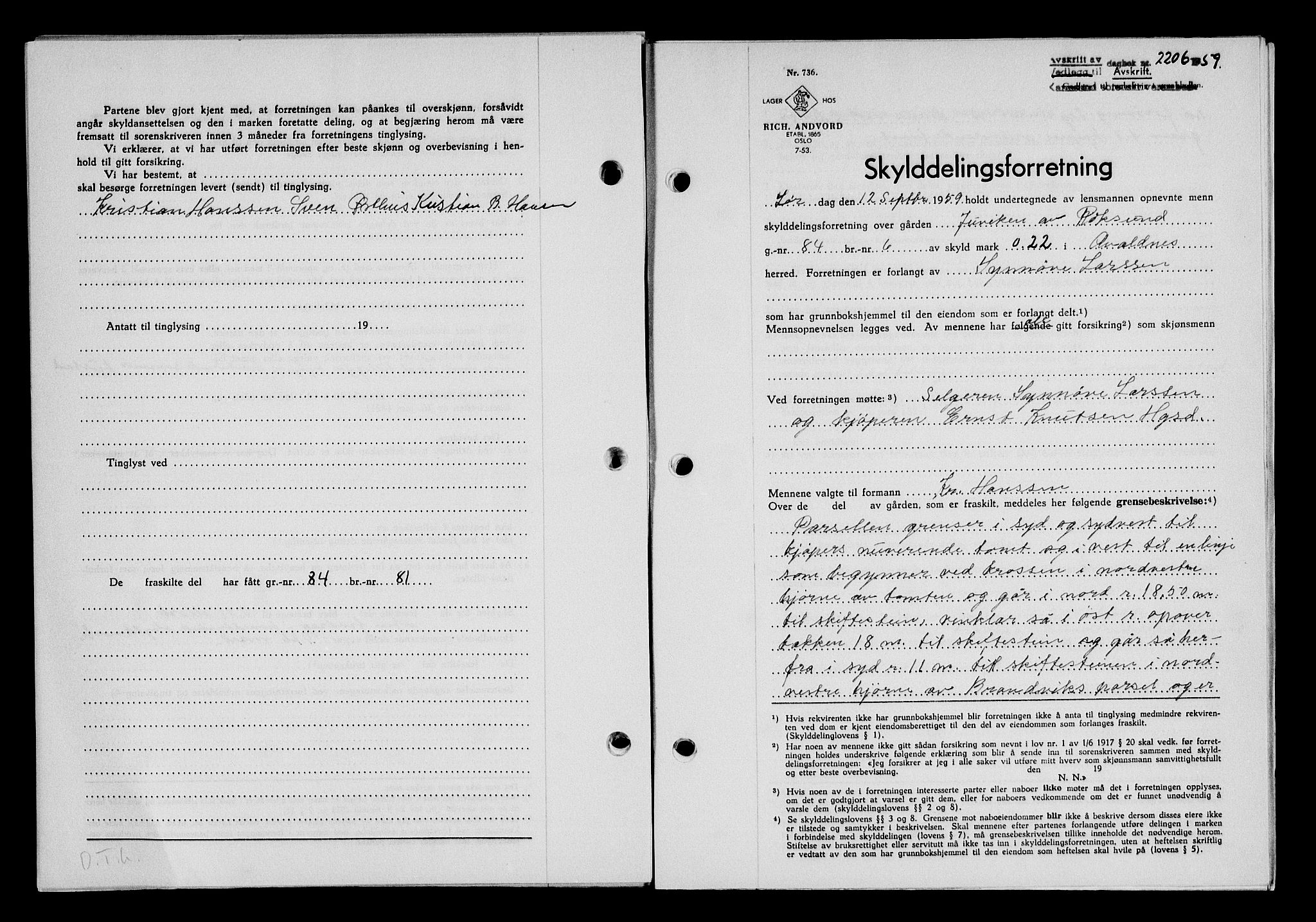 Karmsund sorenskriveri, SAST/A-100311/01/II/IIB/L0132: Pantebok nr. 112A, 1959-1959, Dagboknr: 2206/1959