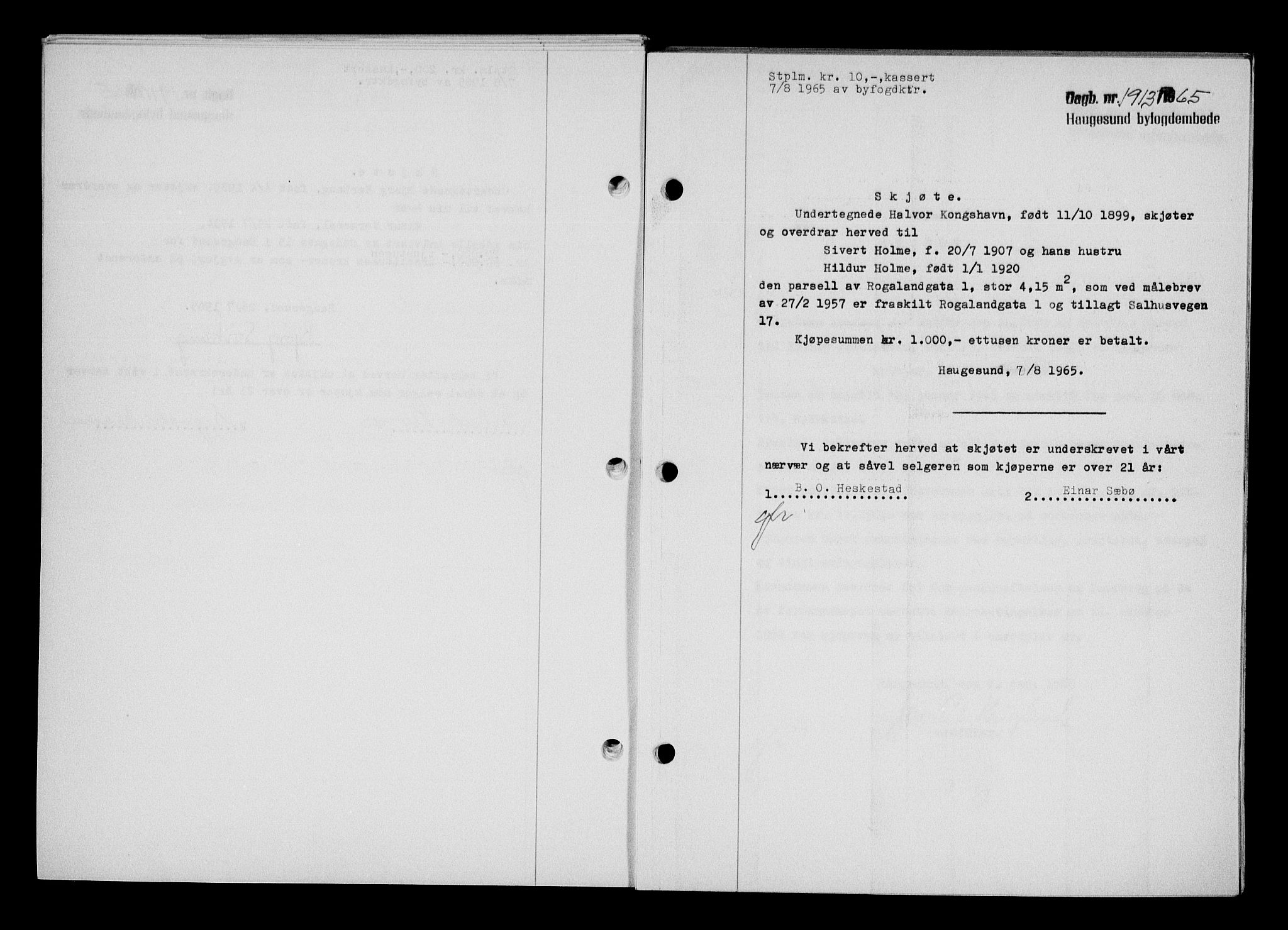 Haugesund tingrett, AV/SAST-A-101415/01/II/IIC/L0076: Pantebok nr. A 17, 1965-1966, Dagboknr: 1913/1965