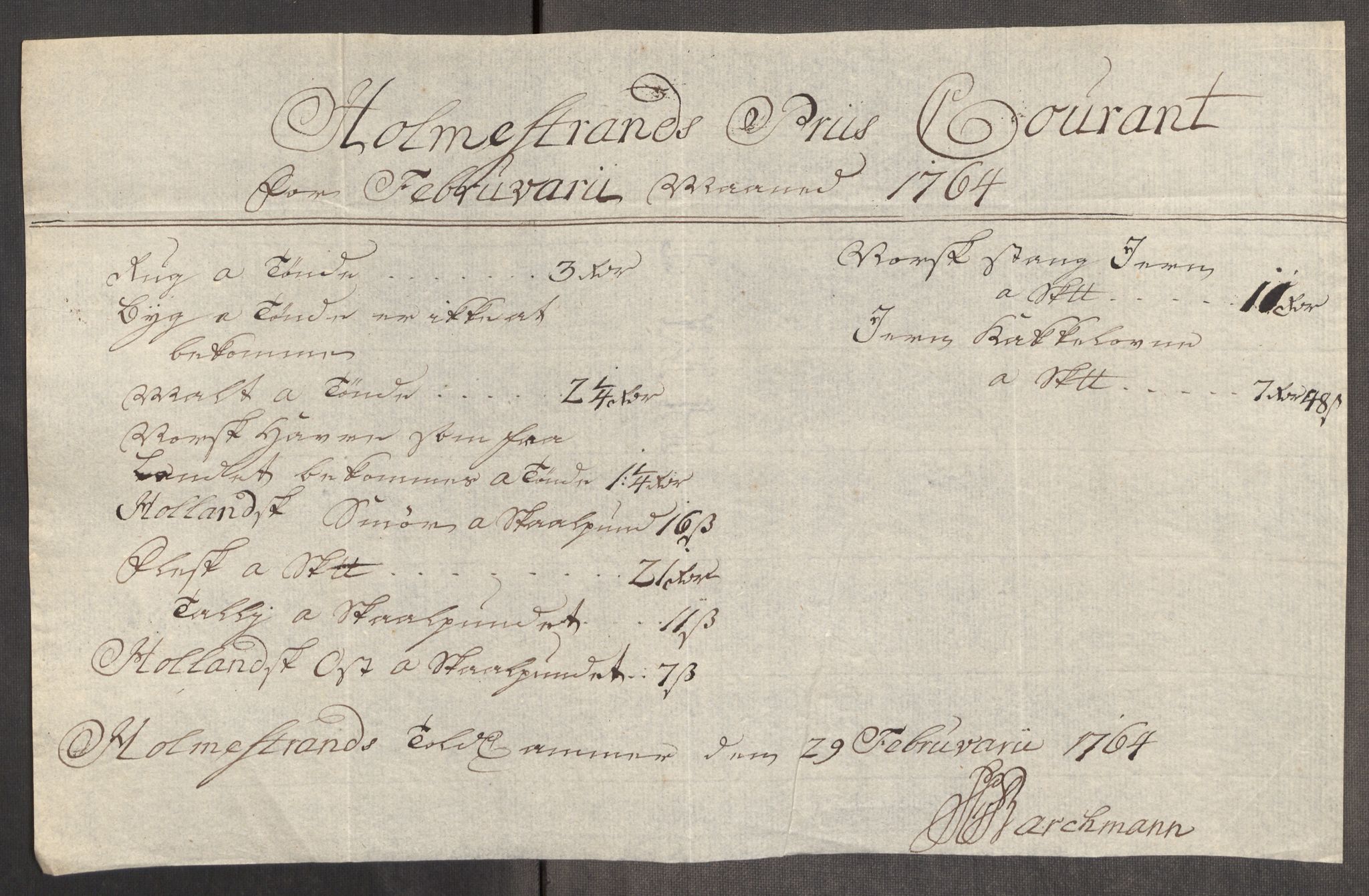 Rentekammeret inntil 1814, Realistisk ordnet avdeling, AV/RA-EA-4070/Oe/L0008: [Ø1]: Priskuranter, 1764-1768, s. 126