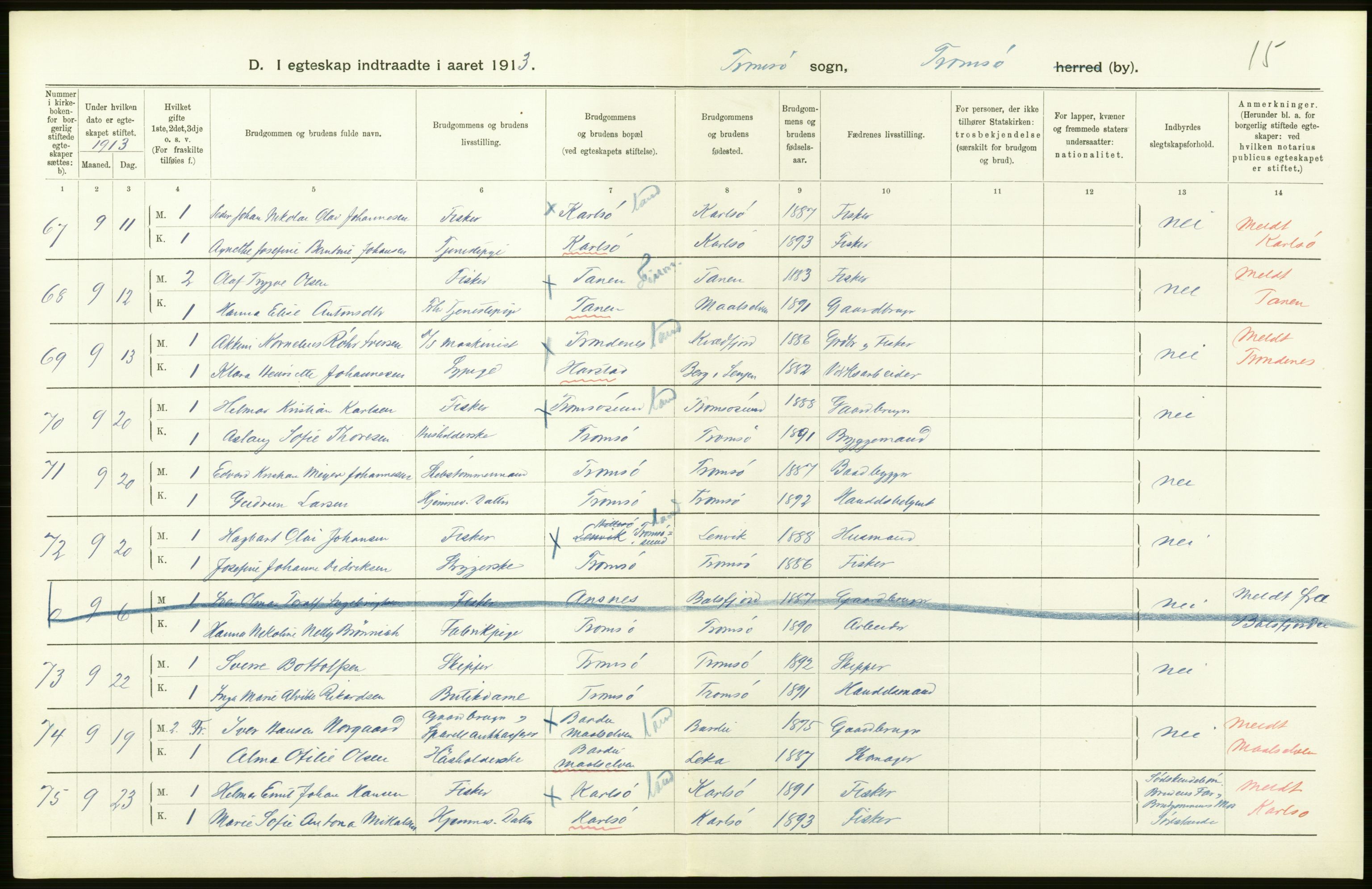 Statistisk sentralbyrå, Sosiodemografiske emner, Befolkning, AV/RA-S-2228/D/Df/Dfb/Dfbc/L0047: Tromsø amt: Gifte, døde, dødfødte. Bygder og byer., 1913, s. 500