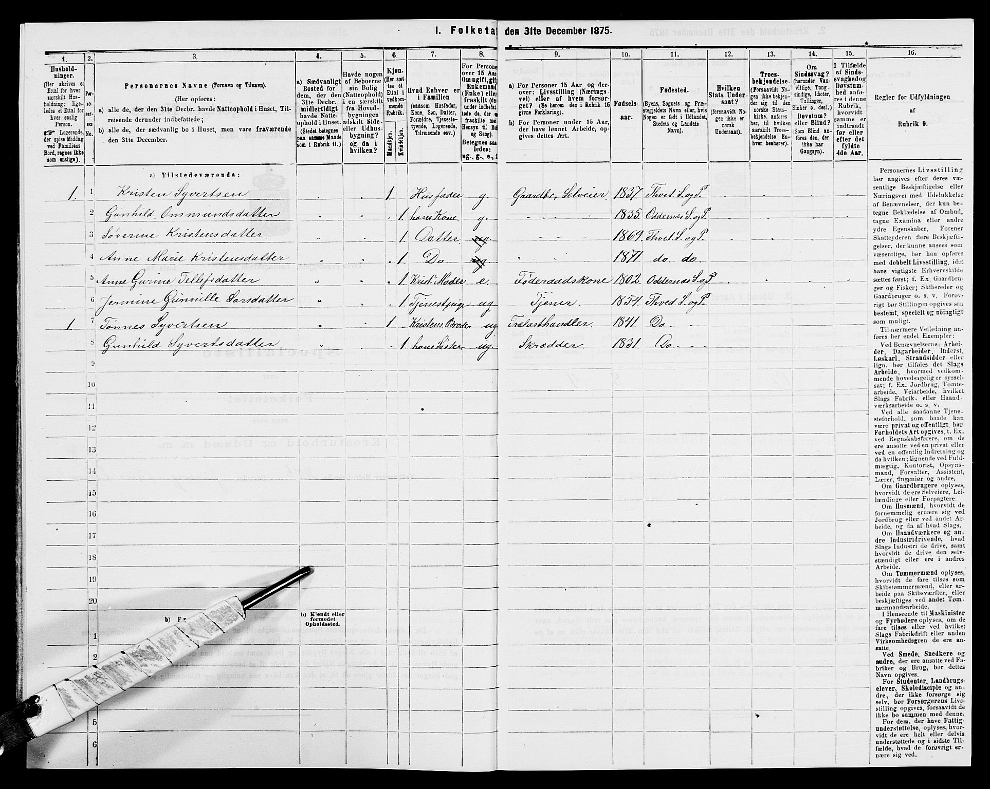 SAK, Folketelling 1875 for 1013P Tveit prestegjeld, 1875, s. 510