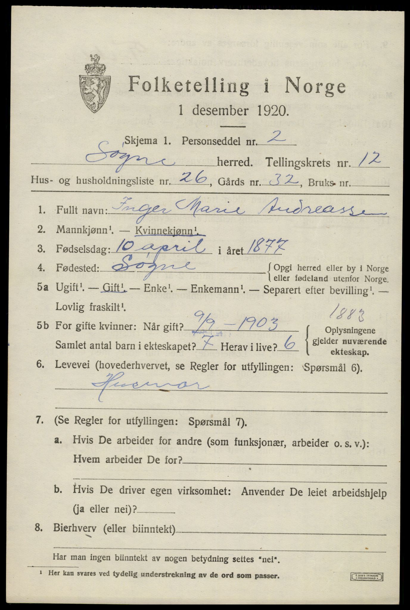 SAK, Folketelling 1920 for 1018 Søgne herred, 1920, s. 6179