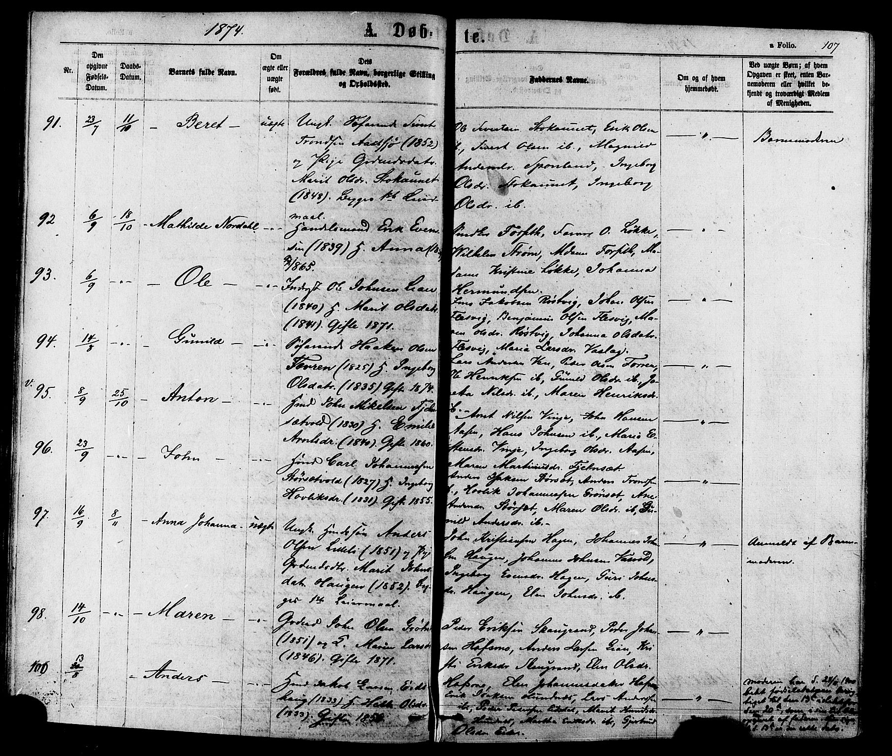 Ministerialprotokoller, klokkerbøker og fødselsregistre - Sør-Trøndelag, SAT/A-1456/630/L0495: Ministerialbok nr. 630A08, 1868-1878, s. 107