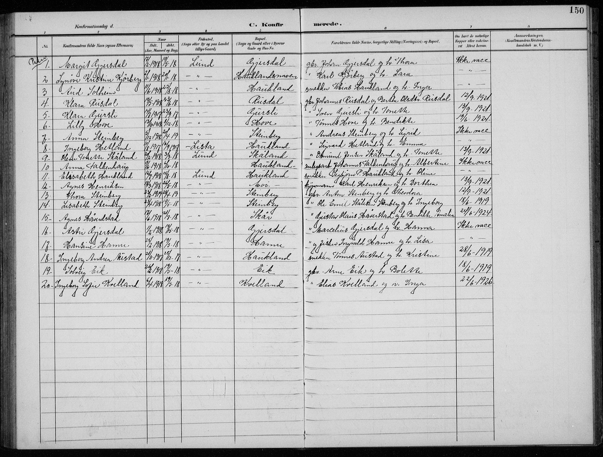 Lund sokneprestkontor, AV/SAST-A-101809/S07/L0008: Klokkerbok nr. B 8, 1902-1936, s. 150