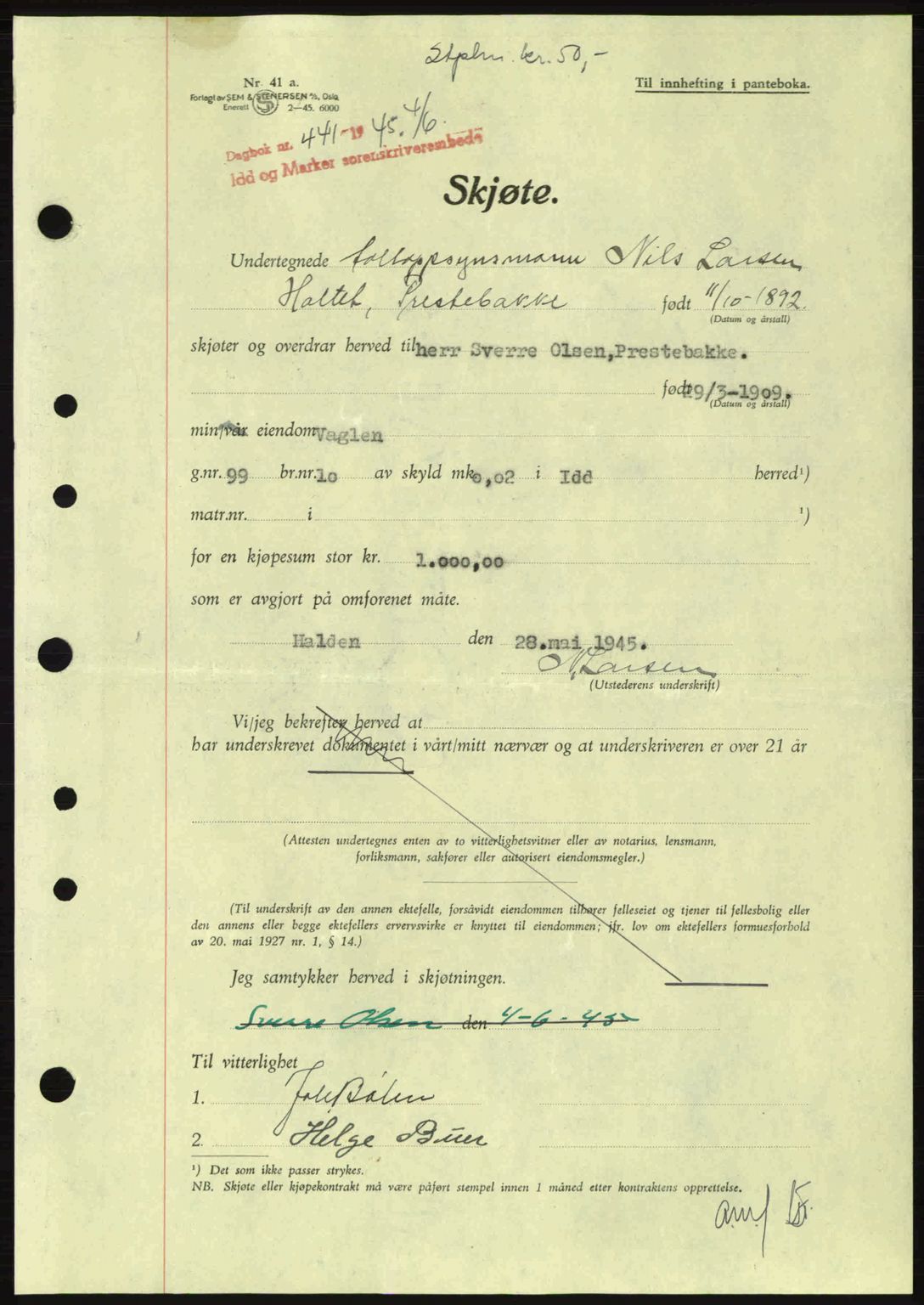 Idd og Marker sorenskriveri, AV/SAO-A-10283/G/Gb/Gbb/L0007: Pantebok nr. A7, 1944-1945, Dagboknr: 441/1945