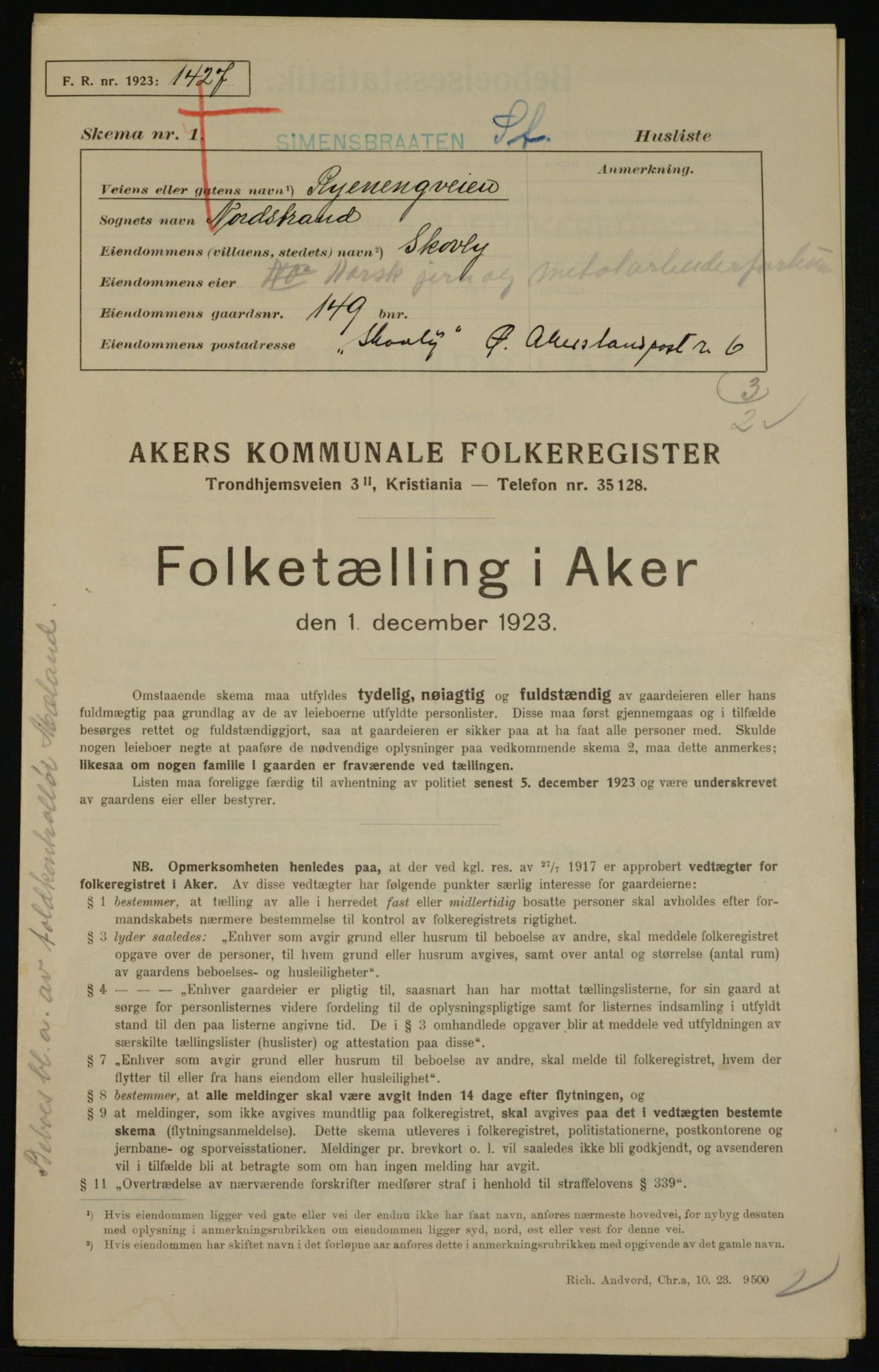 , Kommunal folketelling 1.12.1923 for Aker, 1923, s. 44794