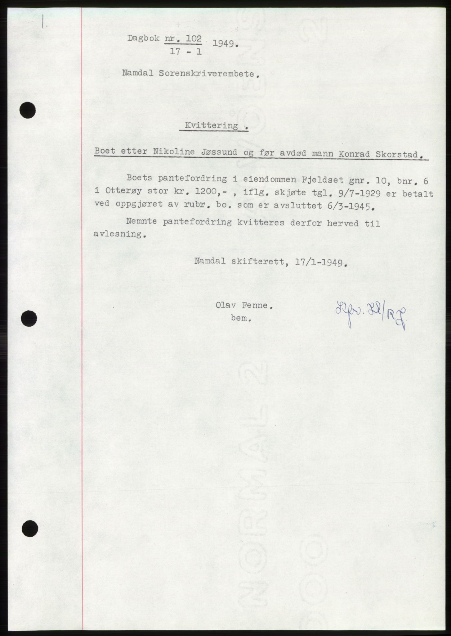 Namdal sorenskriveri, SAT/A-4133/1/2/2C: Pantebok nr. -, 1949-1949, Dagboknr: 102/1949