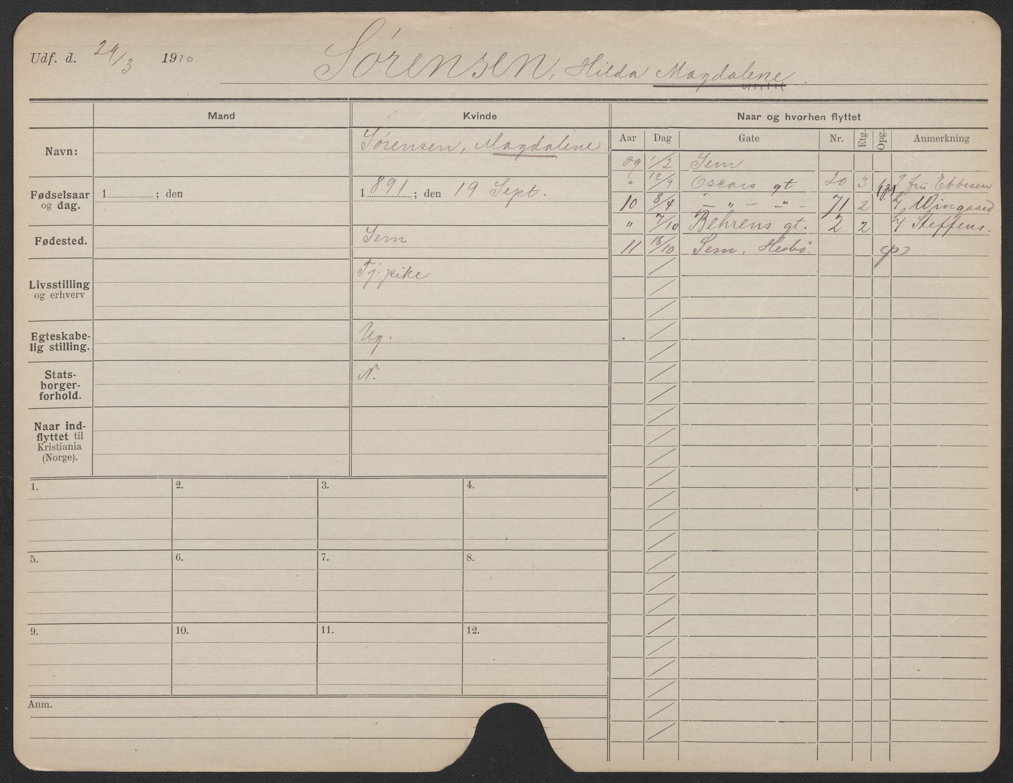 Oslo folkeregister, Registerkort, SAO/A-11715/F/Fa/Fac/L0024: Kvinner, 1906-1914, s. 905a