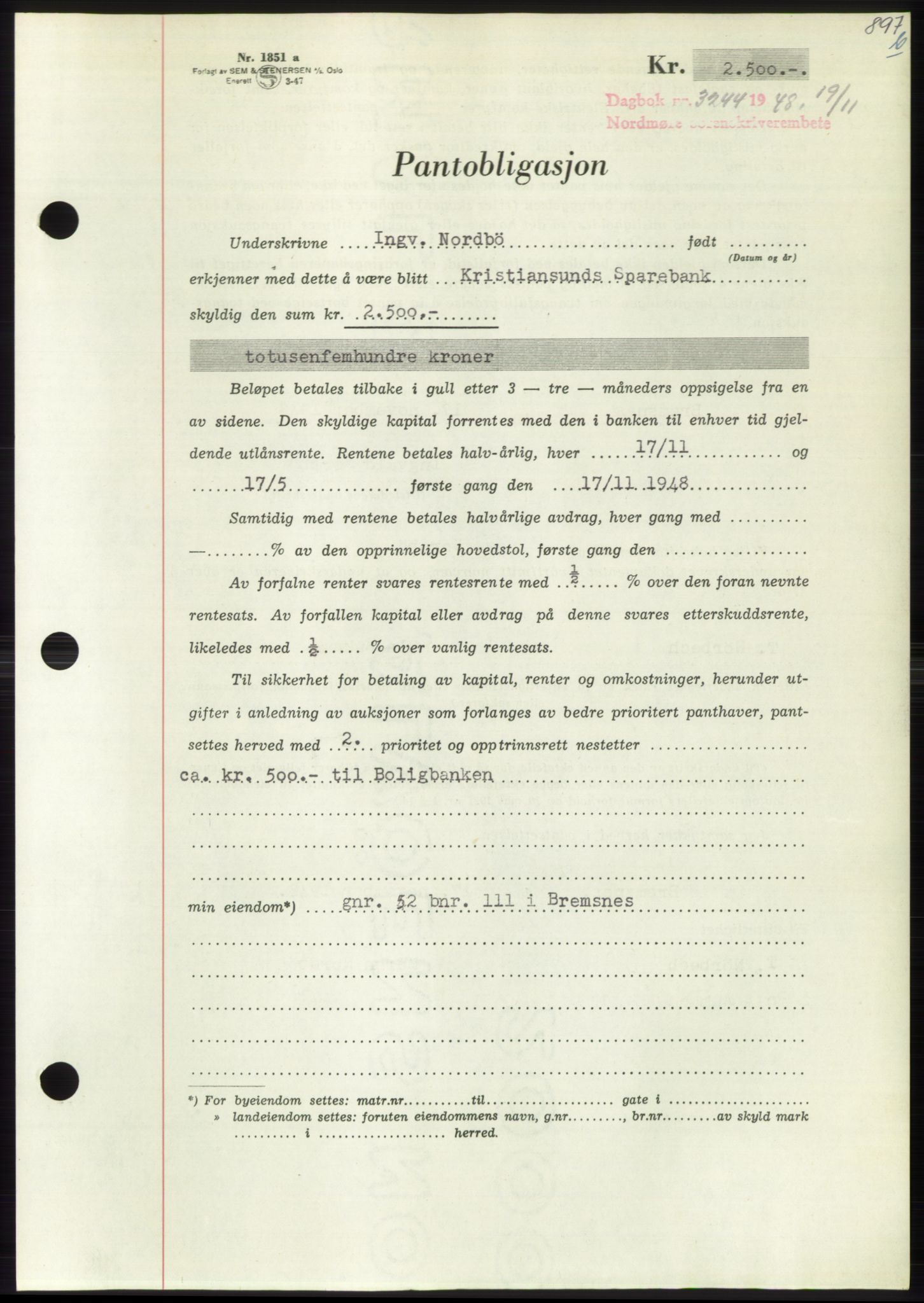 Nordmøre sorenskriveri, SAT/A-4132/1/2/2Ca: Pantebok nr. B100, 1948-1949, Dagboknr: 3244/1948