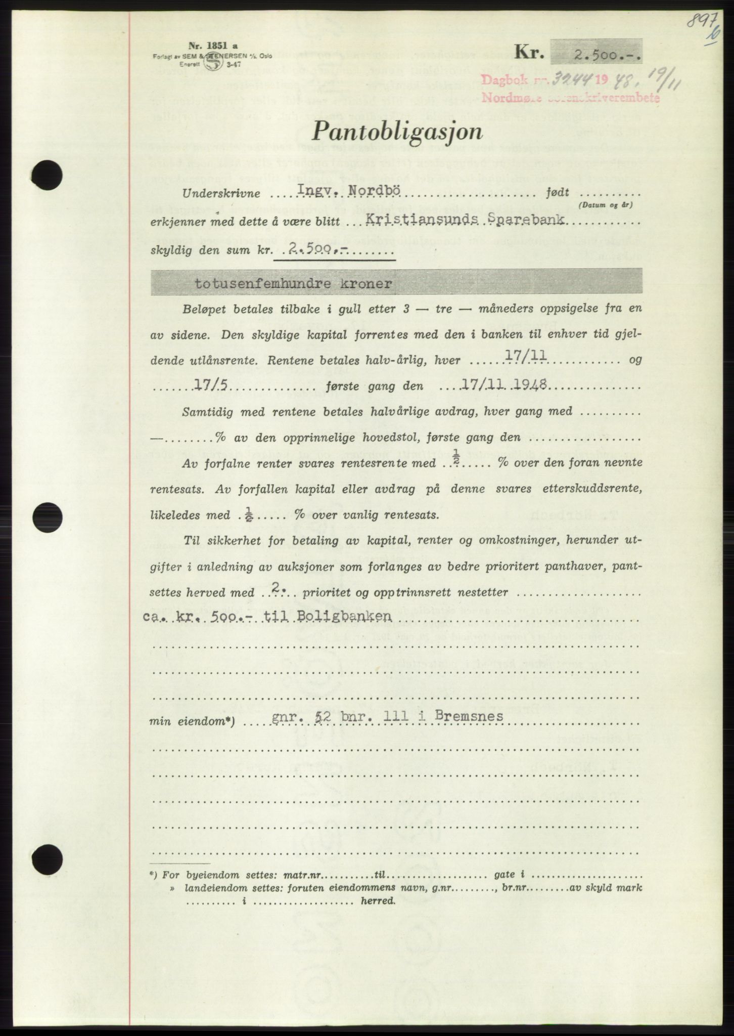 Nordmøre sorenskriveri, AV/SAT-A-4132/1/2/2Ca: Pantebok nr. B100, 1948-1949, Dagboknr: 3244/1948